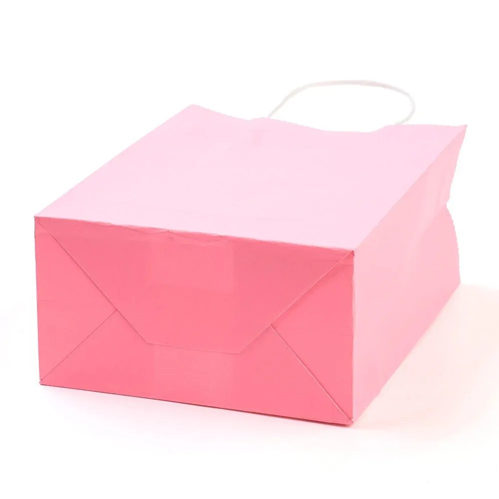 10 pc Pure Color Kraft Paper Bags, Gift Bags, Shopping Bags, with Paper Twine Handles, Rectangle, Pink, 21x15x8cm