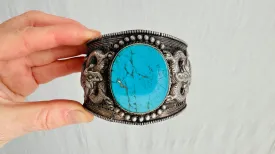 Antique Tibetan Turquoise Cuff Bracelet. Dragons and Filigree. Beautiful Piece!