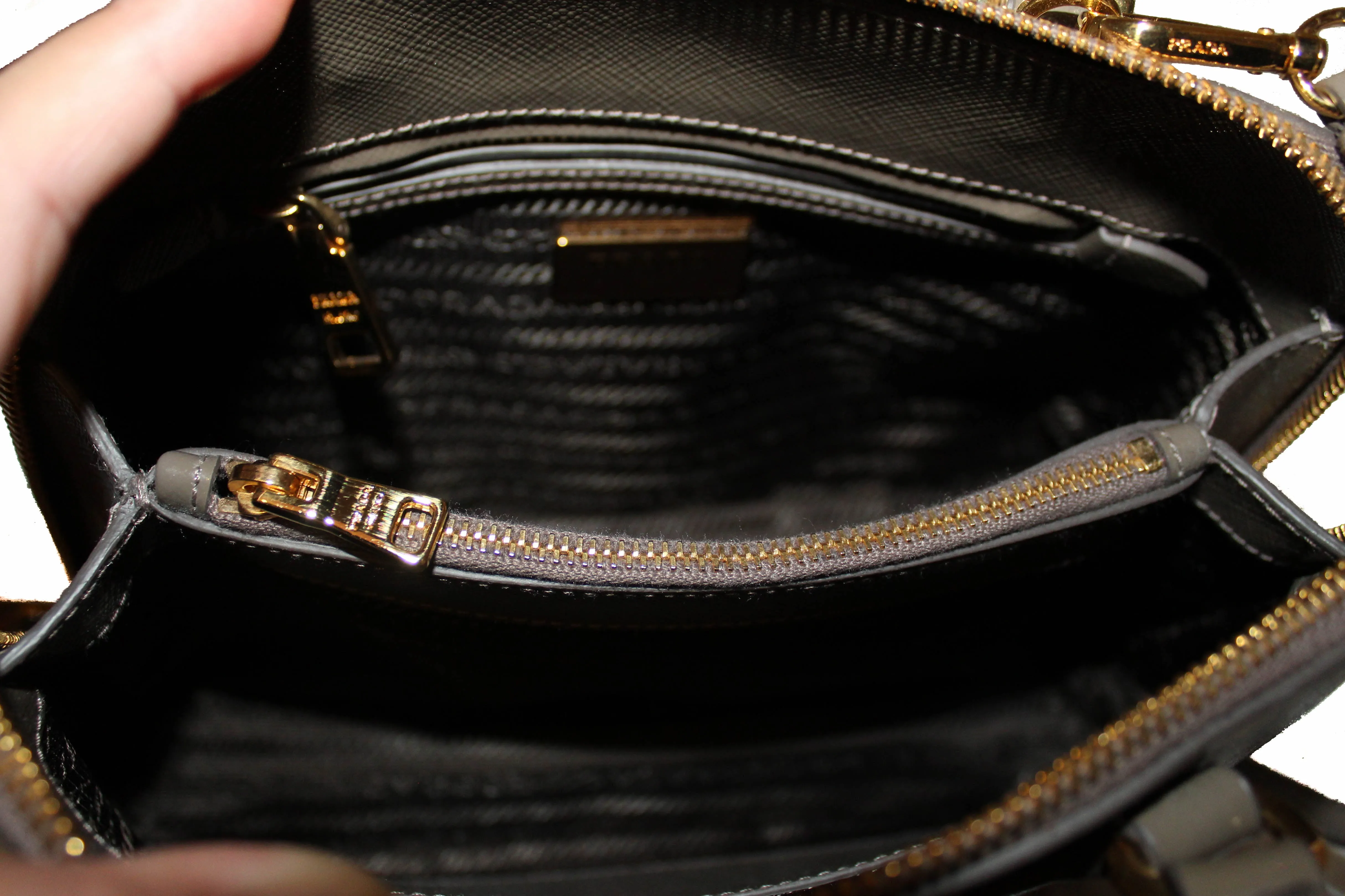 Authentic Prada Argilla Grey Vernice Saffiano Leather Small Promenade Alma Bag