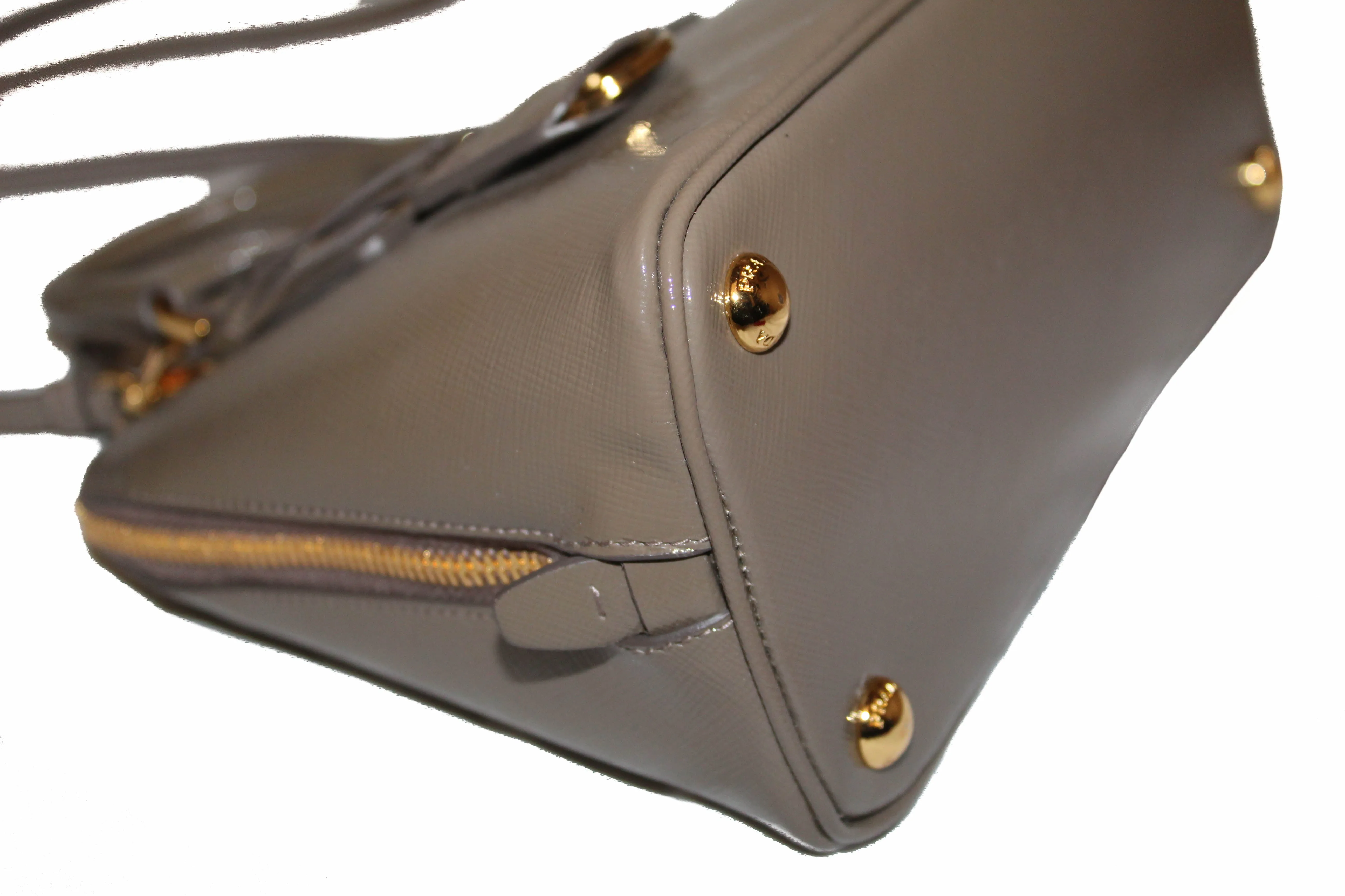 Authentic Prada Argilla Grey Vernice Saffiano Leather Small Promenade Alma Bag