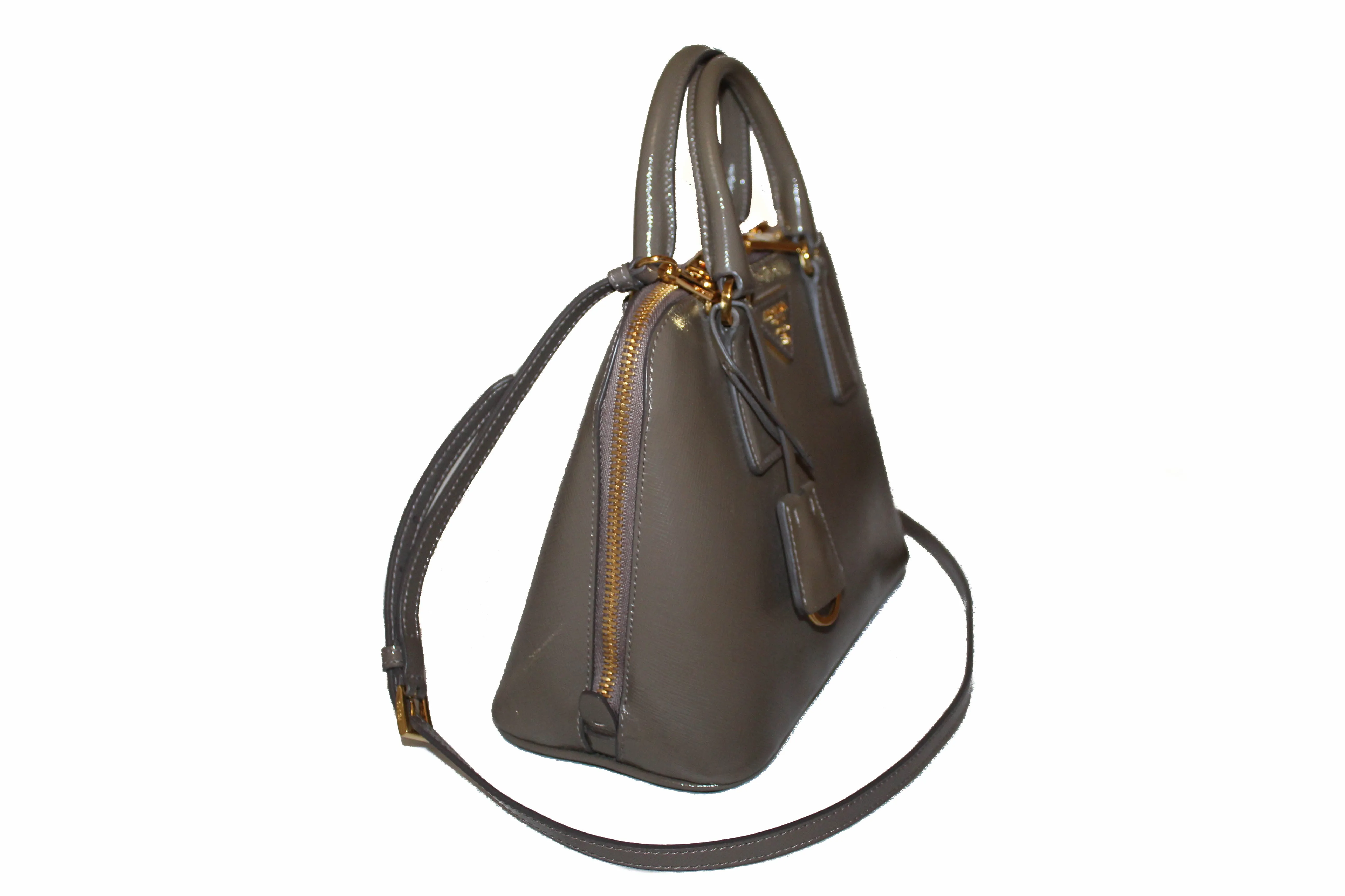 Authentic Prada Argilla Grey Vernice Saffiano Leather Small Promenade Alma Bag