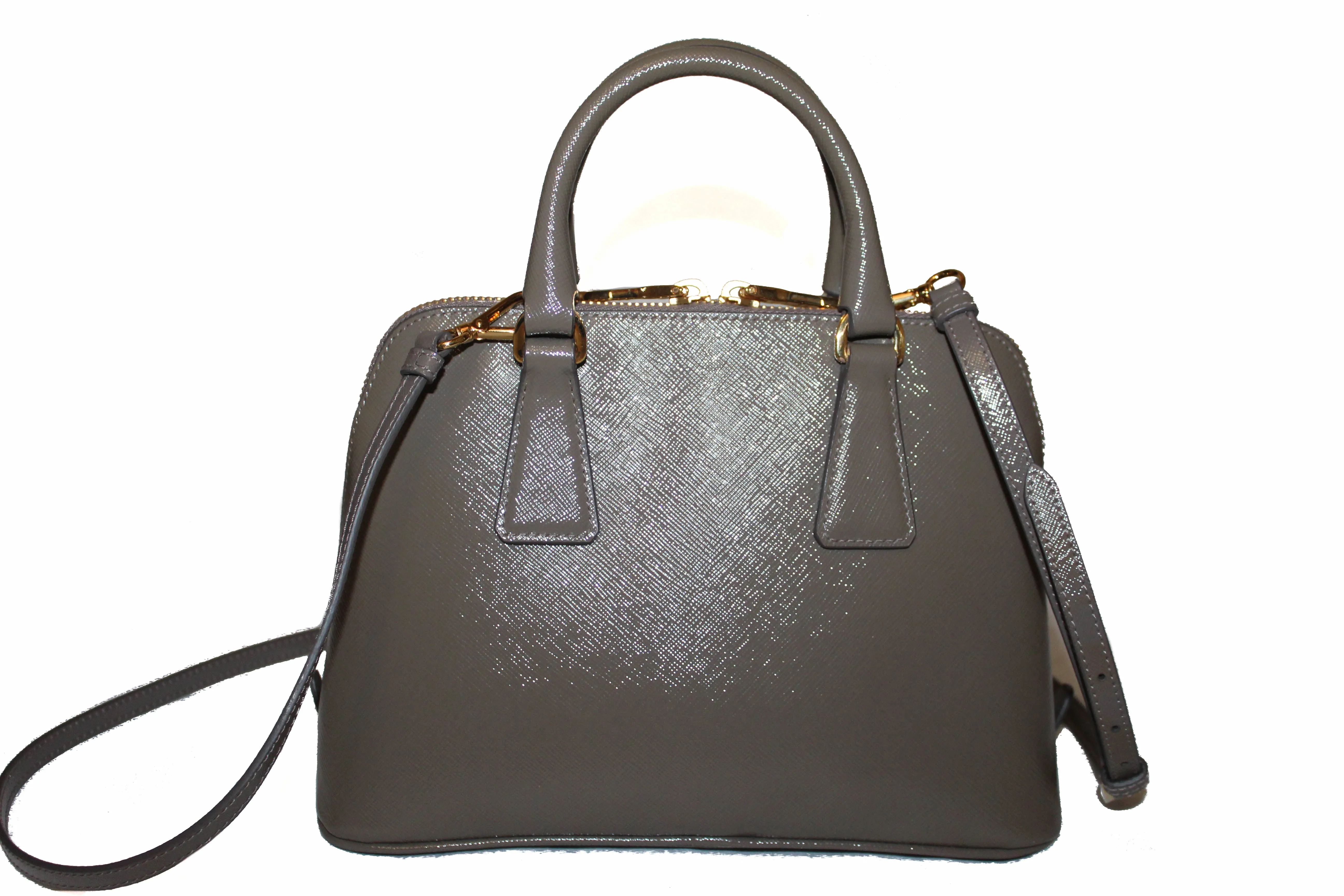 Authentic Prada Argilla Grey Vernice Saffiano Leather Small Promenade Alma Bag