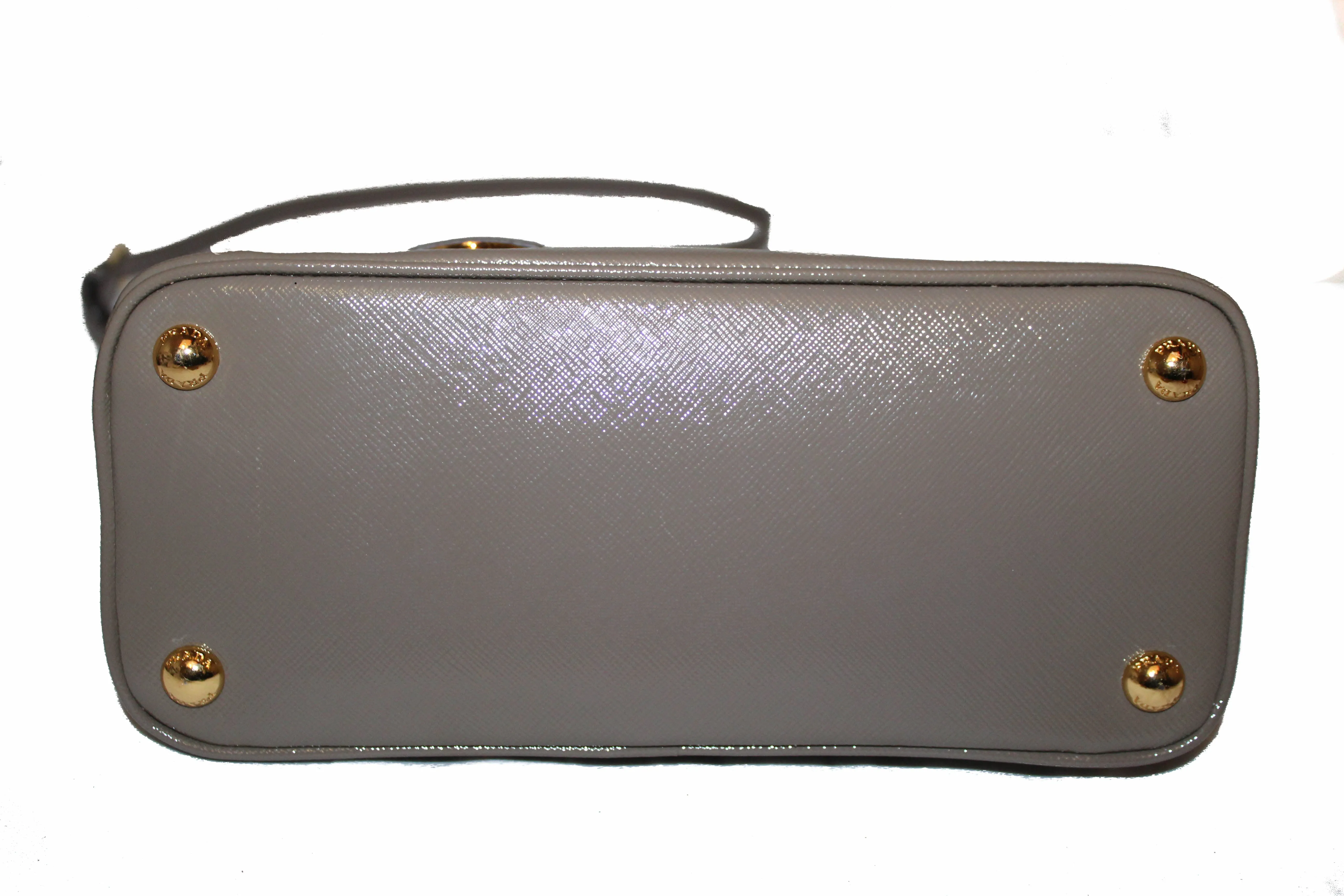 Authentic Prada Argilla Grey Vernice Saffiano Leather Small Promenade Alma Bag
