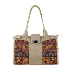 Beige Double Handle Large Bag African Pattern