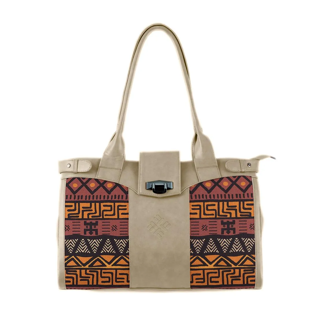 Beige Double Handle Large Bag African Pattern