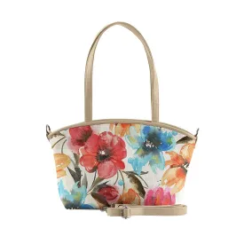 Beige Wide Tote Bag White Floral