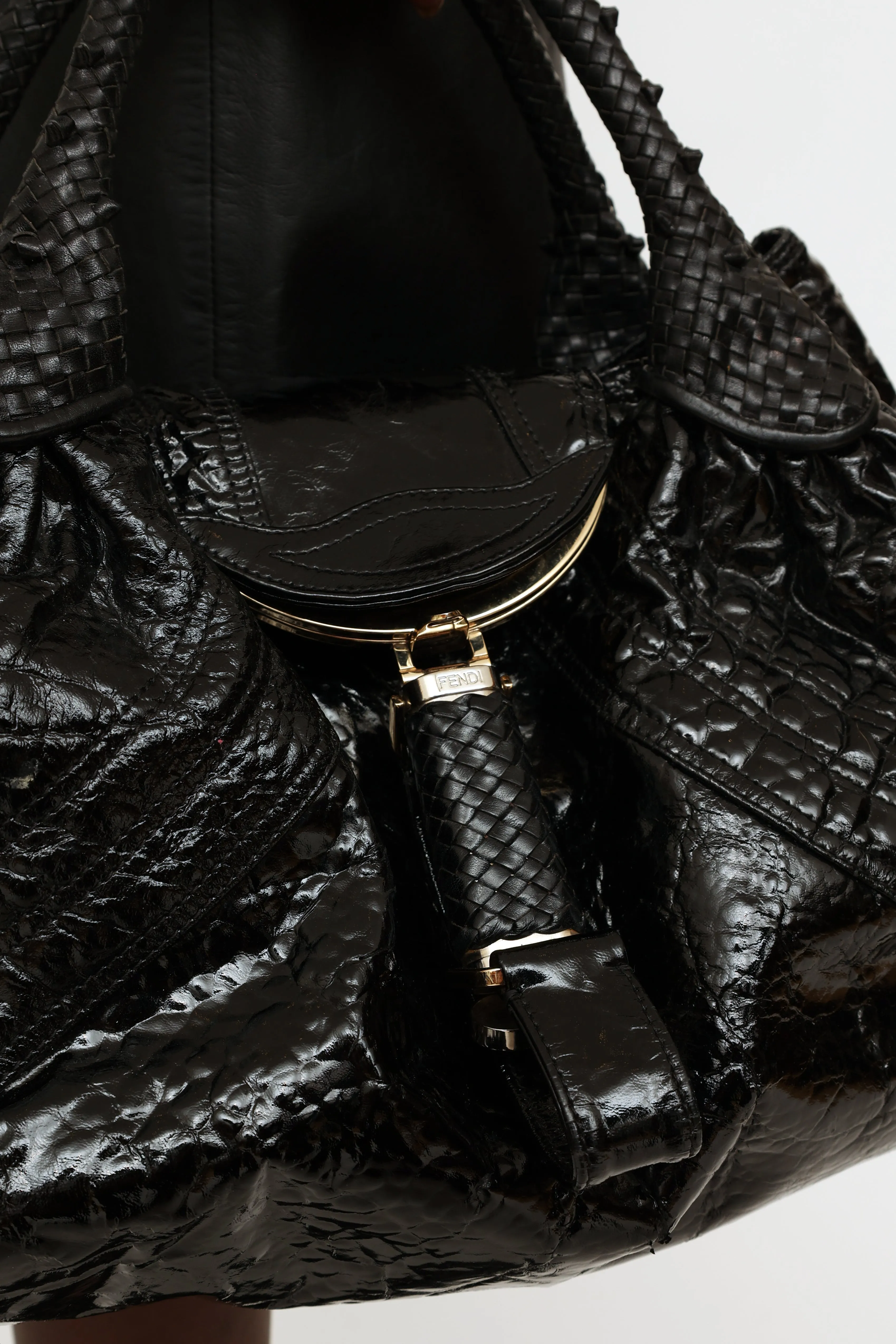 Black Patent Pattern Leather Vintage Woven Spy Bag