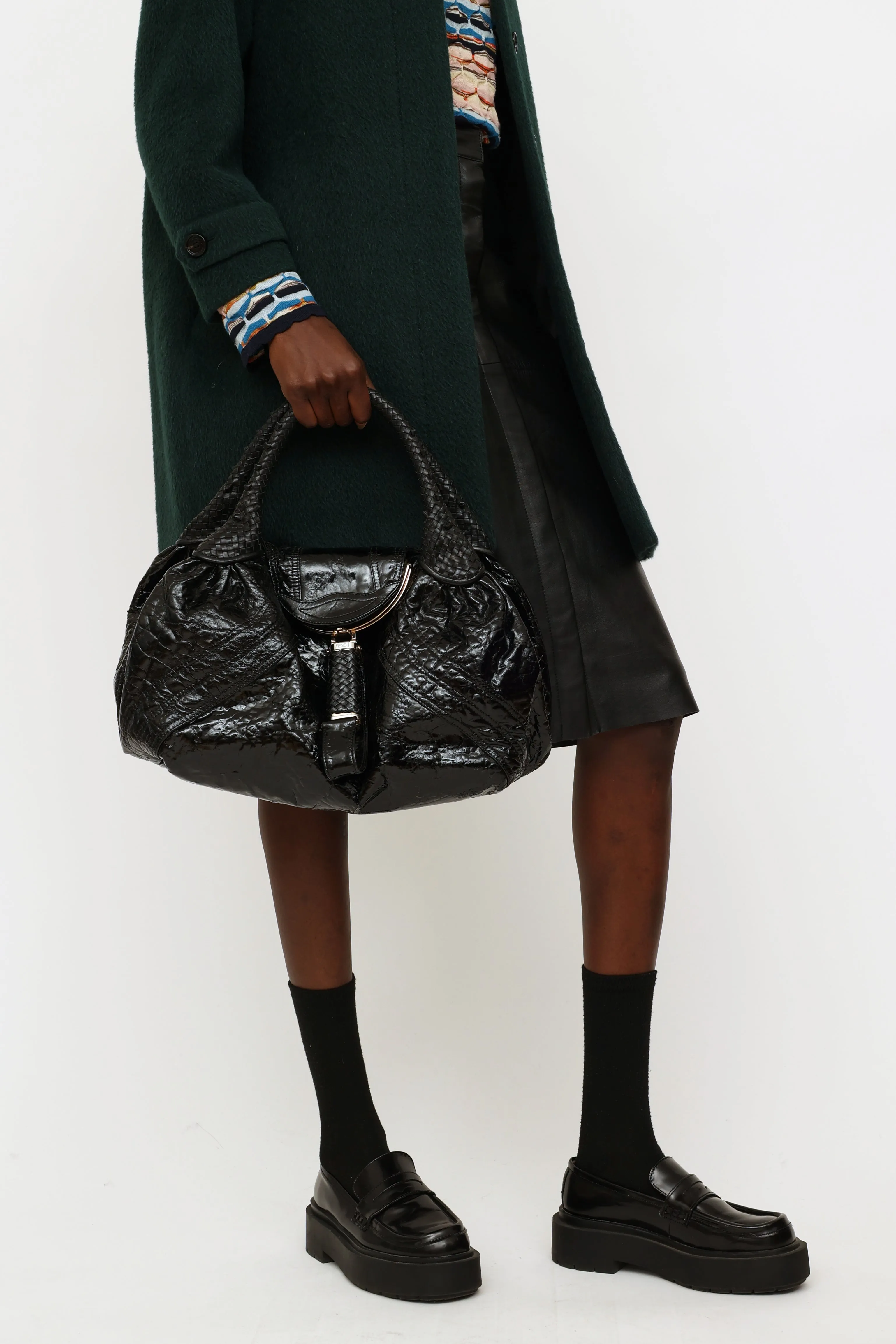 Black Patent Pattern Leather Vintage Woven Spy Bag