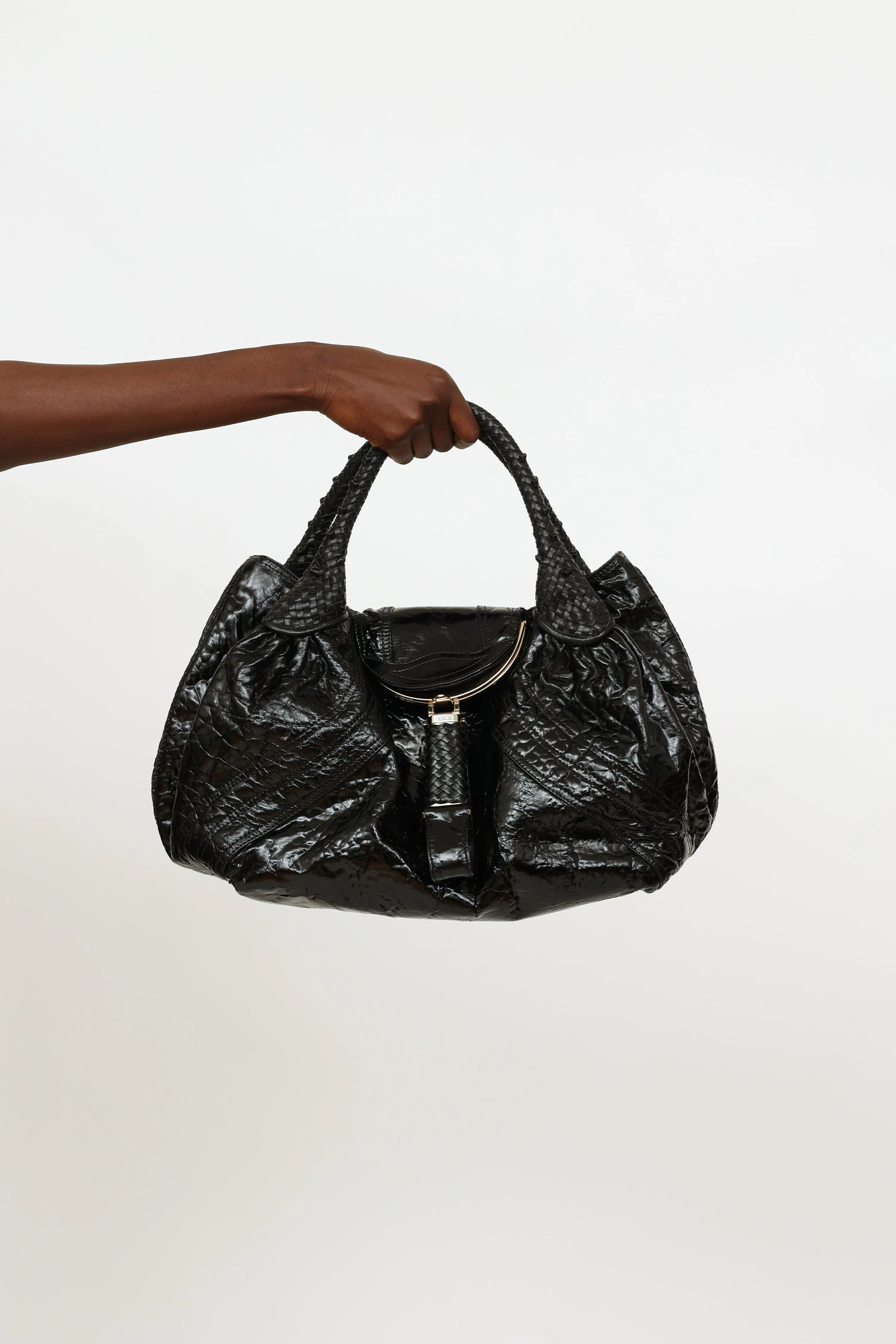 Black Patent Pattern Leather Vintage Woven Spy Bag