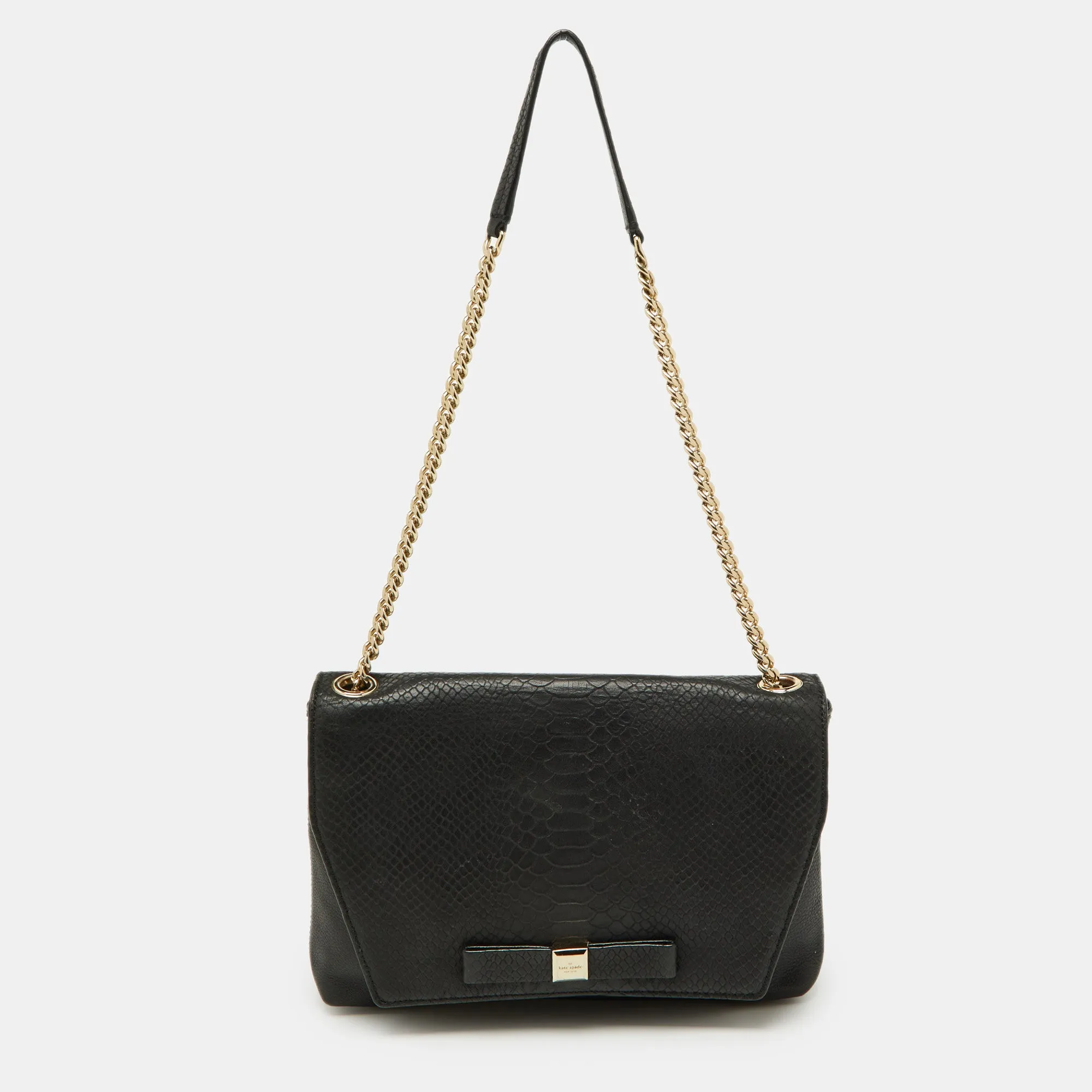 Black Snakeskin Embossed Leather Flap Shoulder Bag