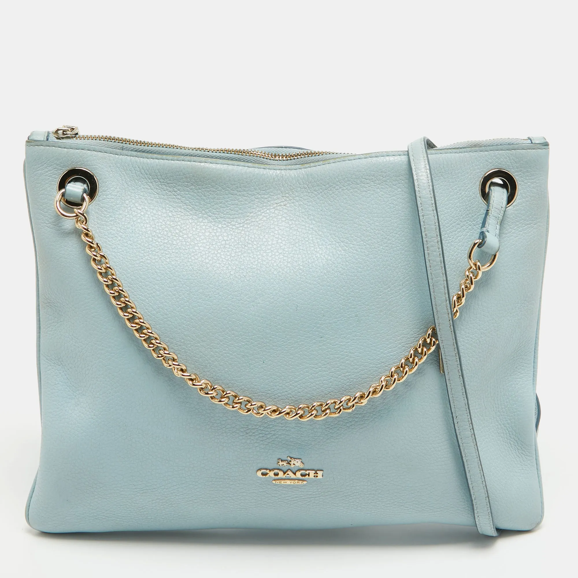 Blue Leather Zip Chain Crossbody Bag