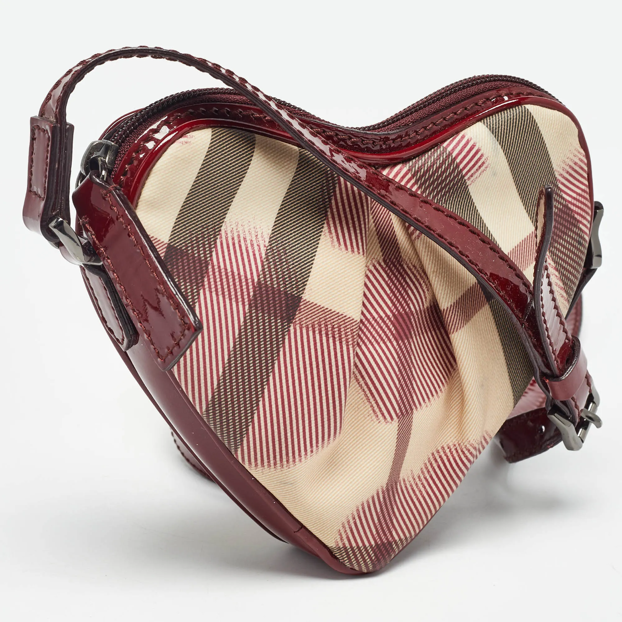 BURBERRY Red/Beige House Check Coated Canvas and Patent Leather Heart Crossbody Bag