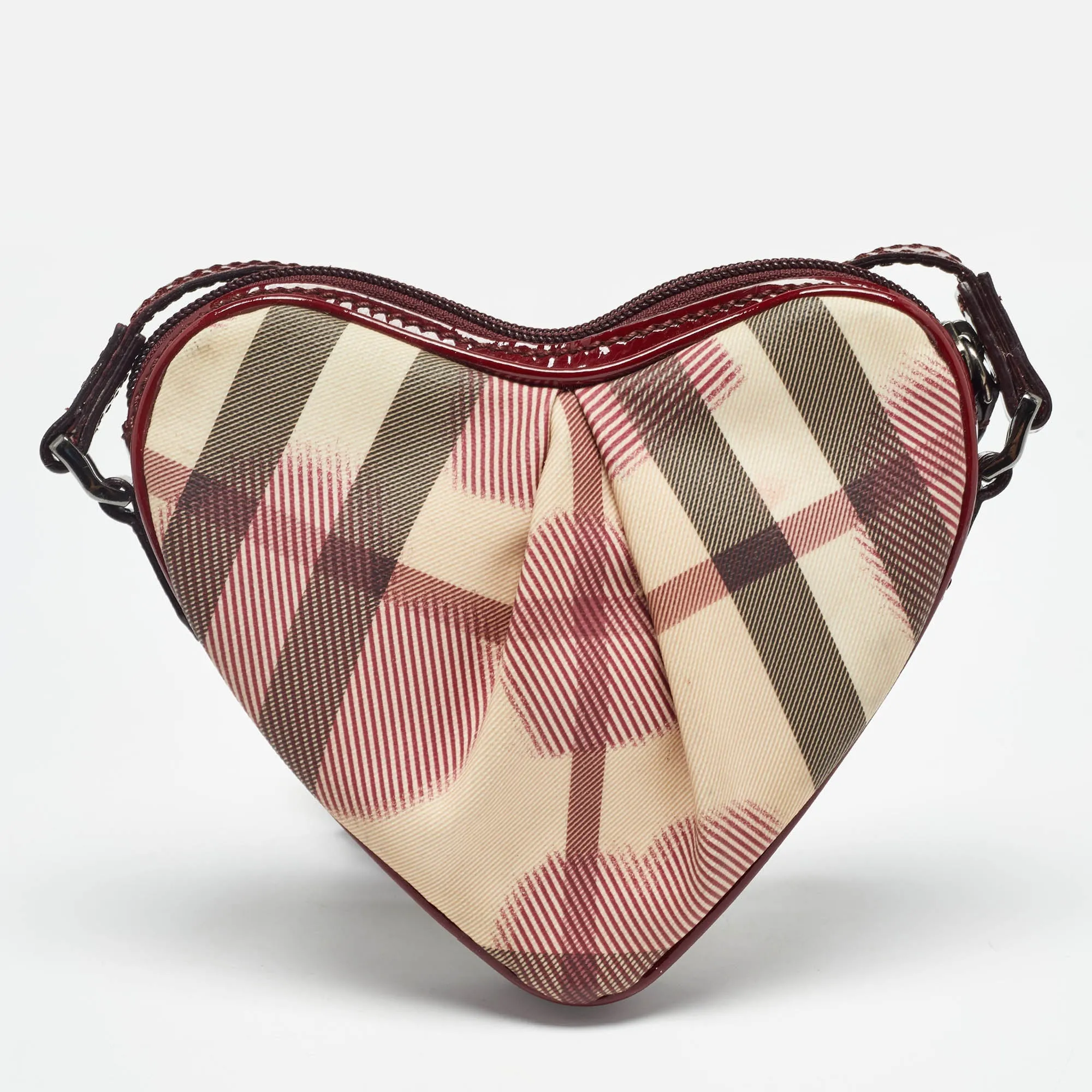 BURBERRY Red/Beige House Check Coated Canvas and Patent Leather Heart Crossbody Bag