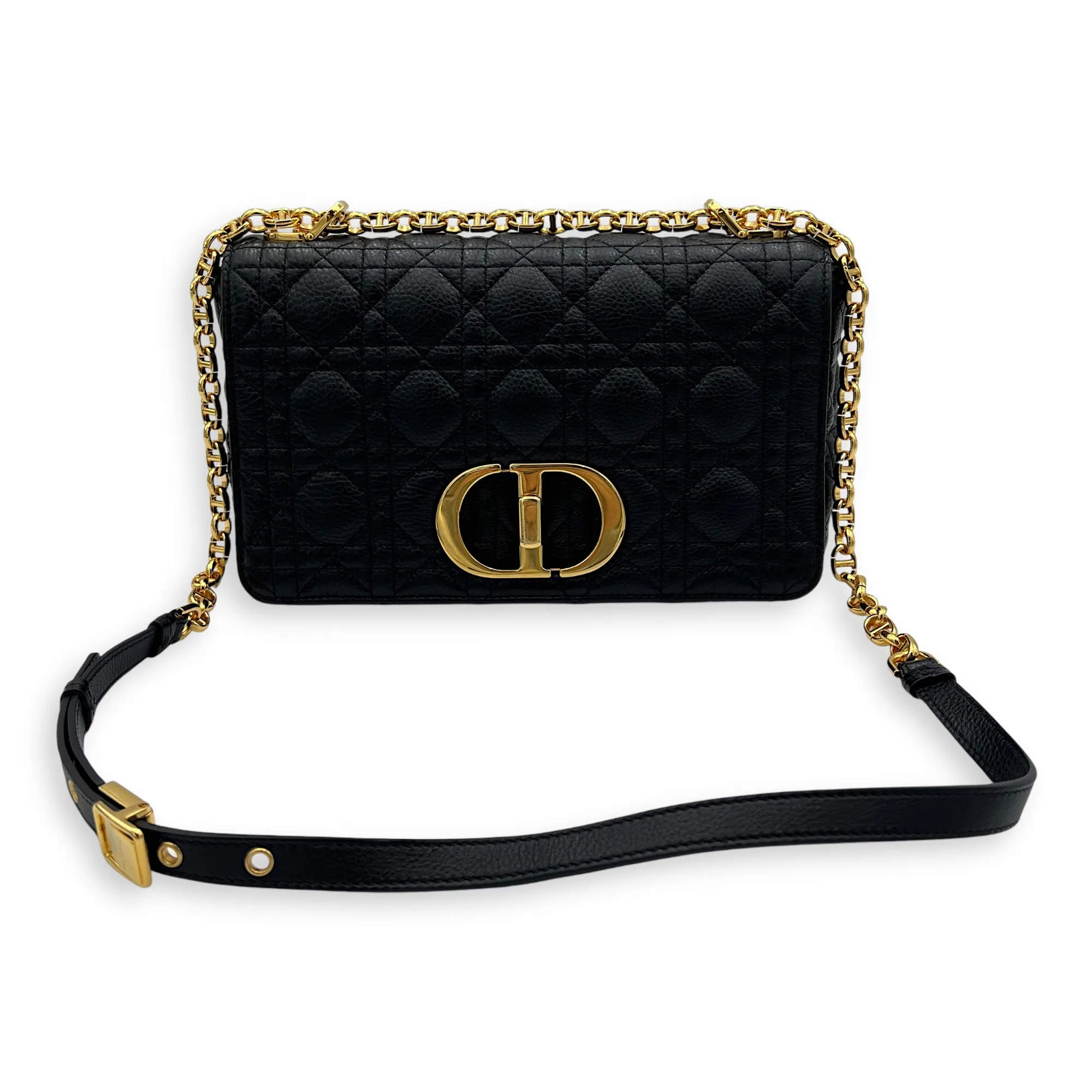 Caro Medium Black Shoulder Bag in Calfskin, Gold hardware