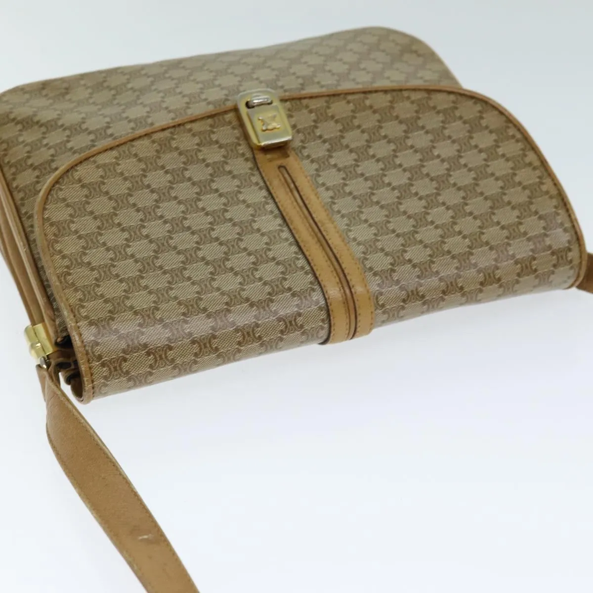 CELINE Macadam Canvas Shoulder Bag PVC Leather Beige 80814
