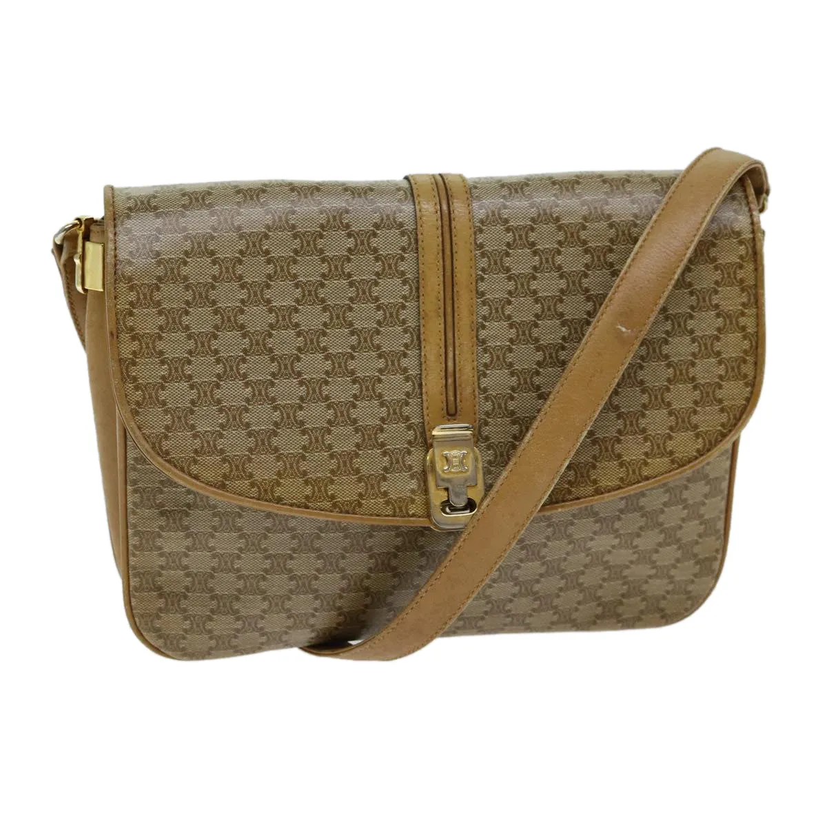 CELINE Macadam Canvas Shoulder Bag PVC Leather Beige 80814