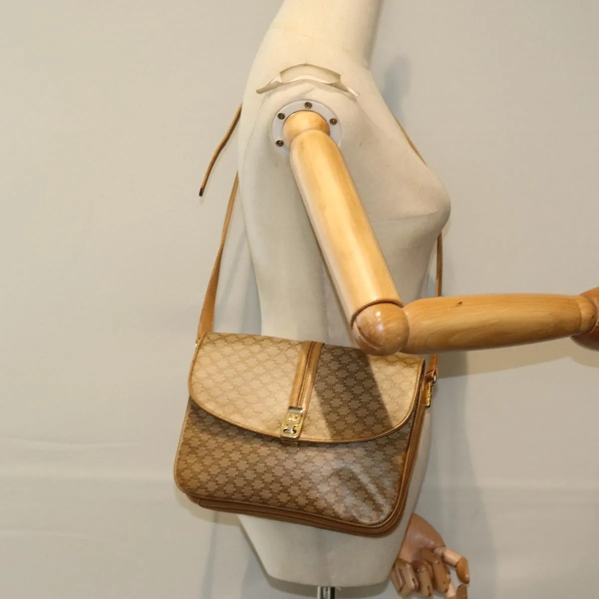 CELINE Macadam Canvas Shoulder Bag PVC Leather Beige 80814