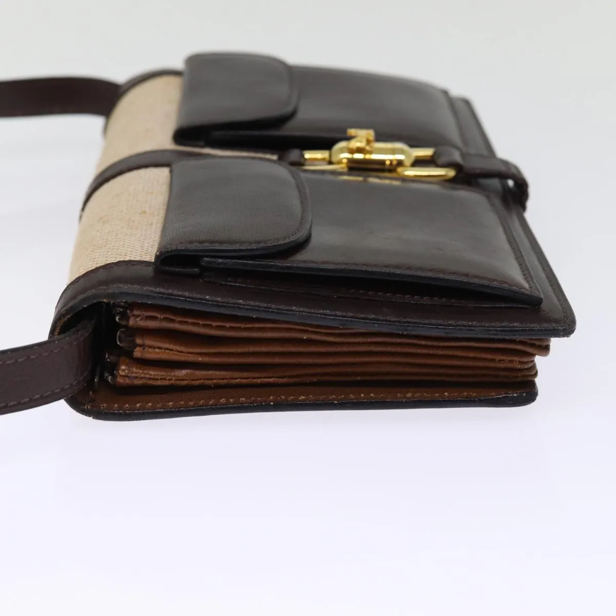 CELINE Shoulder Bag Canvas Leather Beige 76079