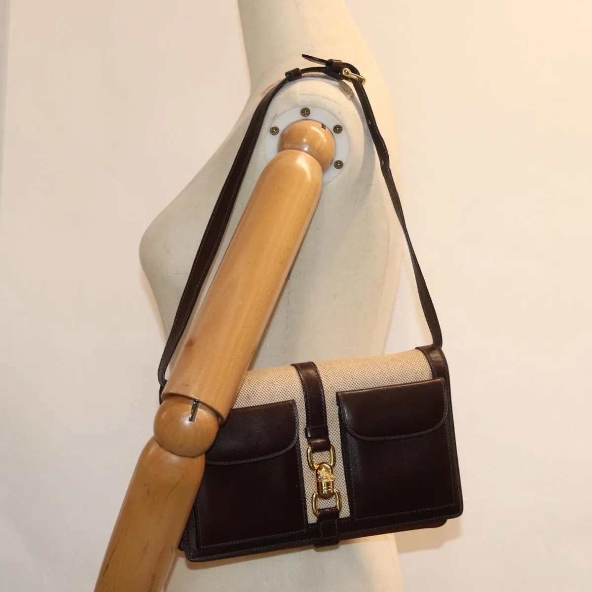 CELINE Shoulder Bag Canvas Leather Beige 76079