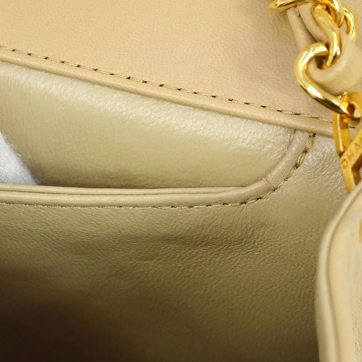 CHANEL 1989-1991 Round Border Flap Large & Pouch Set Beige Lambskin