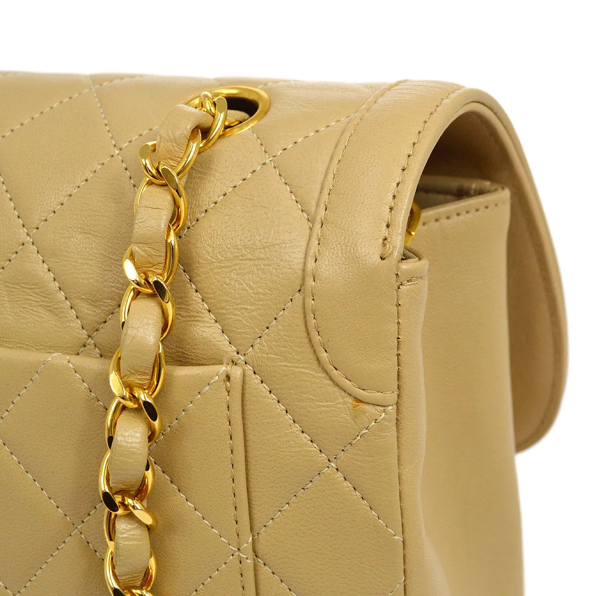 CHANEL 1989-1991 Round Border Flap Large & Pouch Set Beige Lambskin