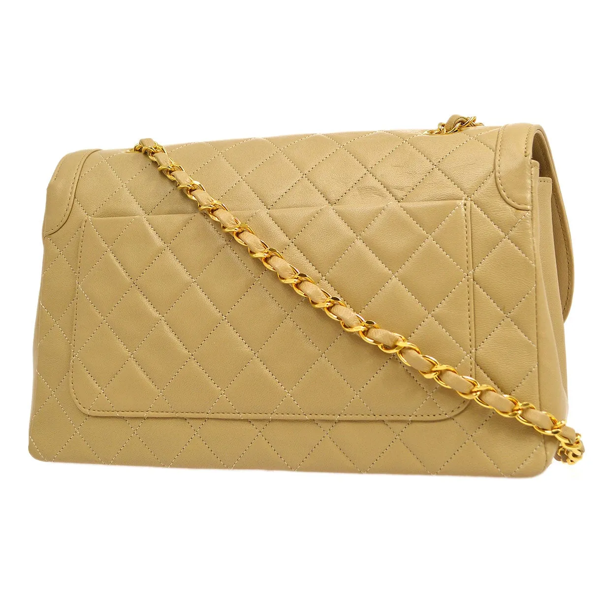 CHANEL 1989-1991 Round Border Flap Large & Pouch Set Beige Lambskin