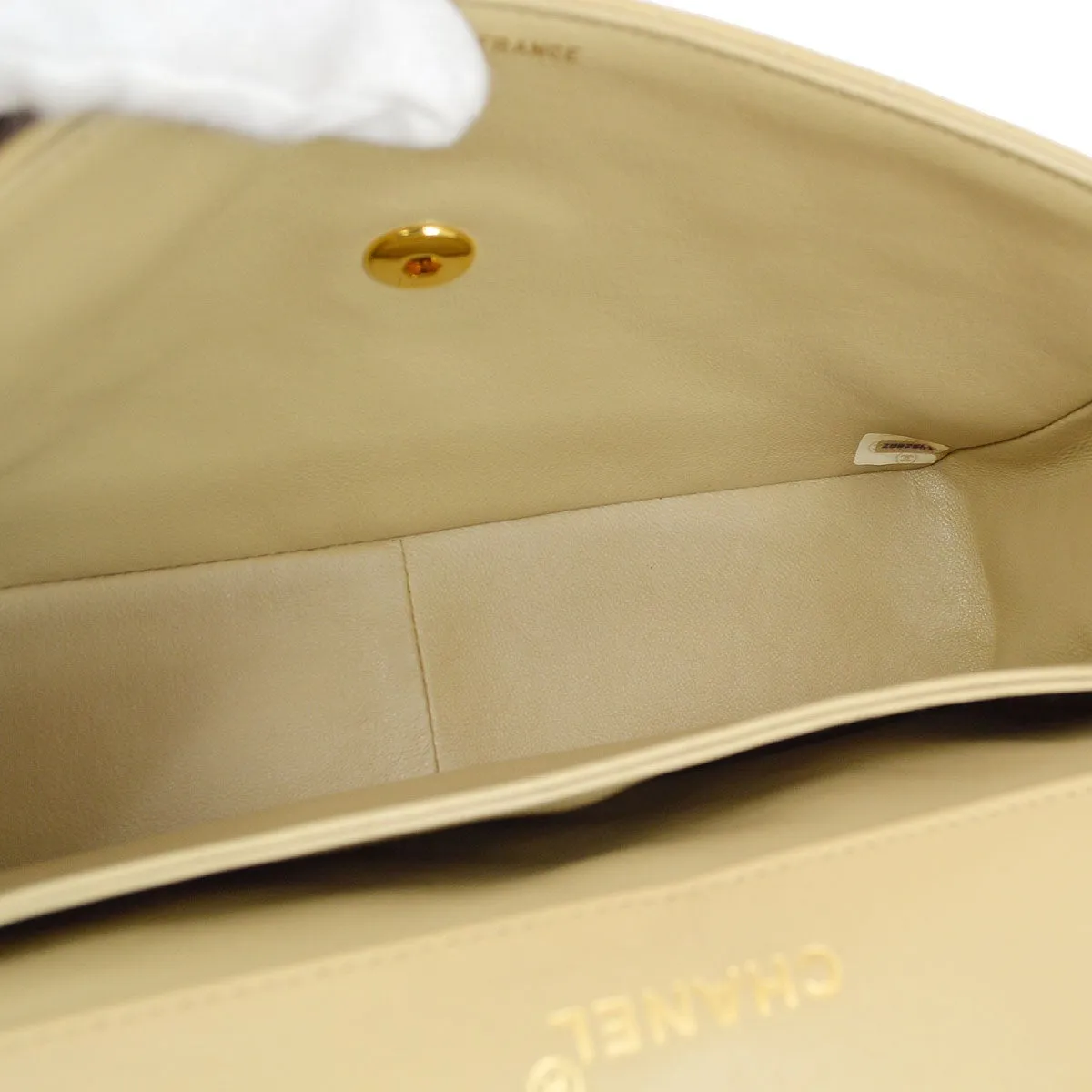 CHANEL 1989-1991 Round Border Flap Large & Pouch Set Beige Lambskin