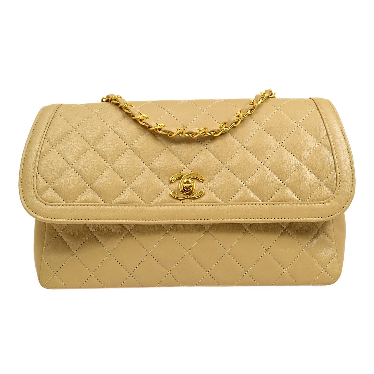 CHANEL 1989-1991 Round Border Flap Large & Pouch Set Beige Lambskin