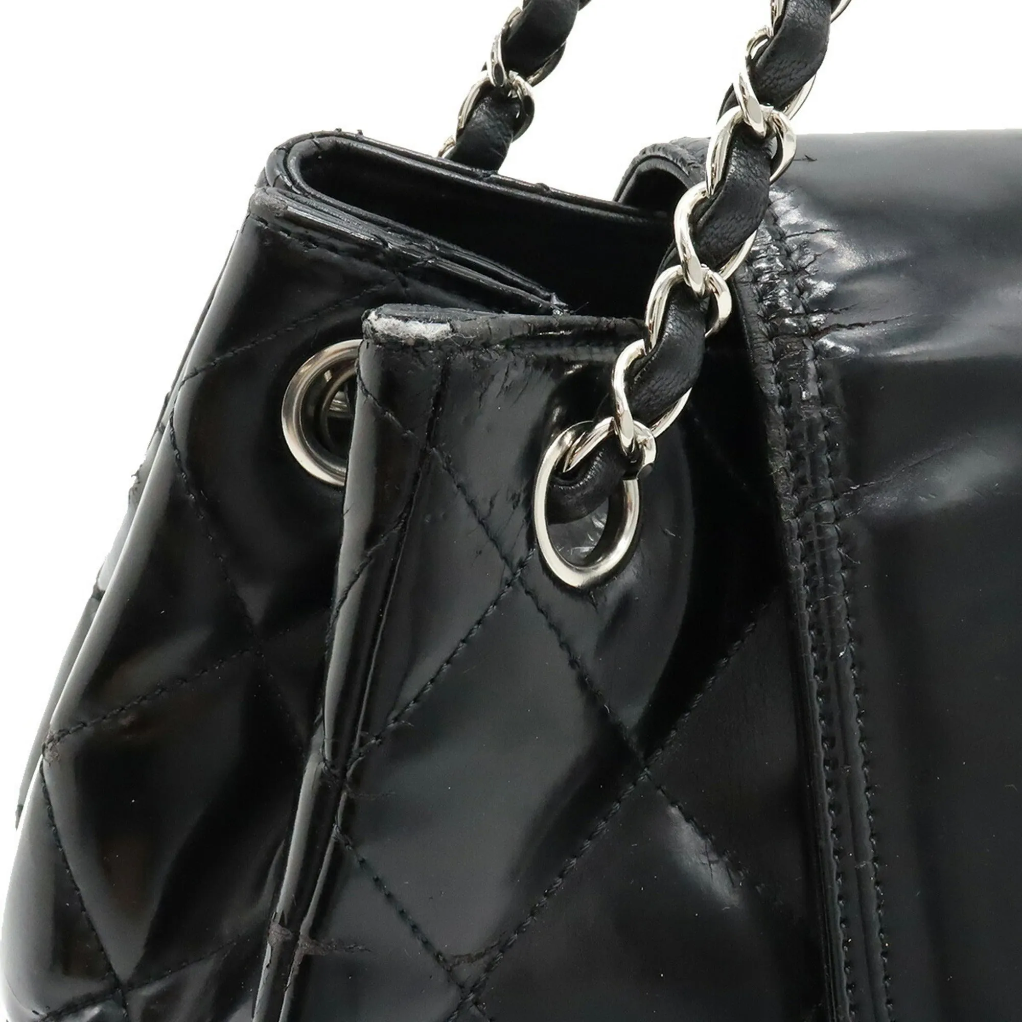 Chanel 2.55 Matelasse W Chain Bag Shoulder Patent Leather Black