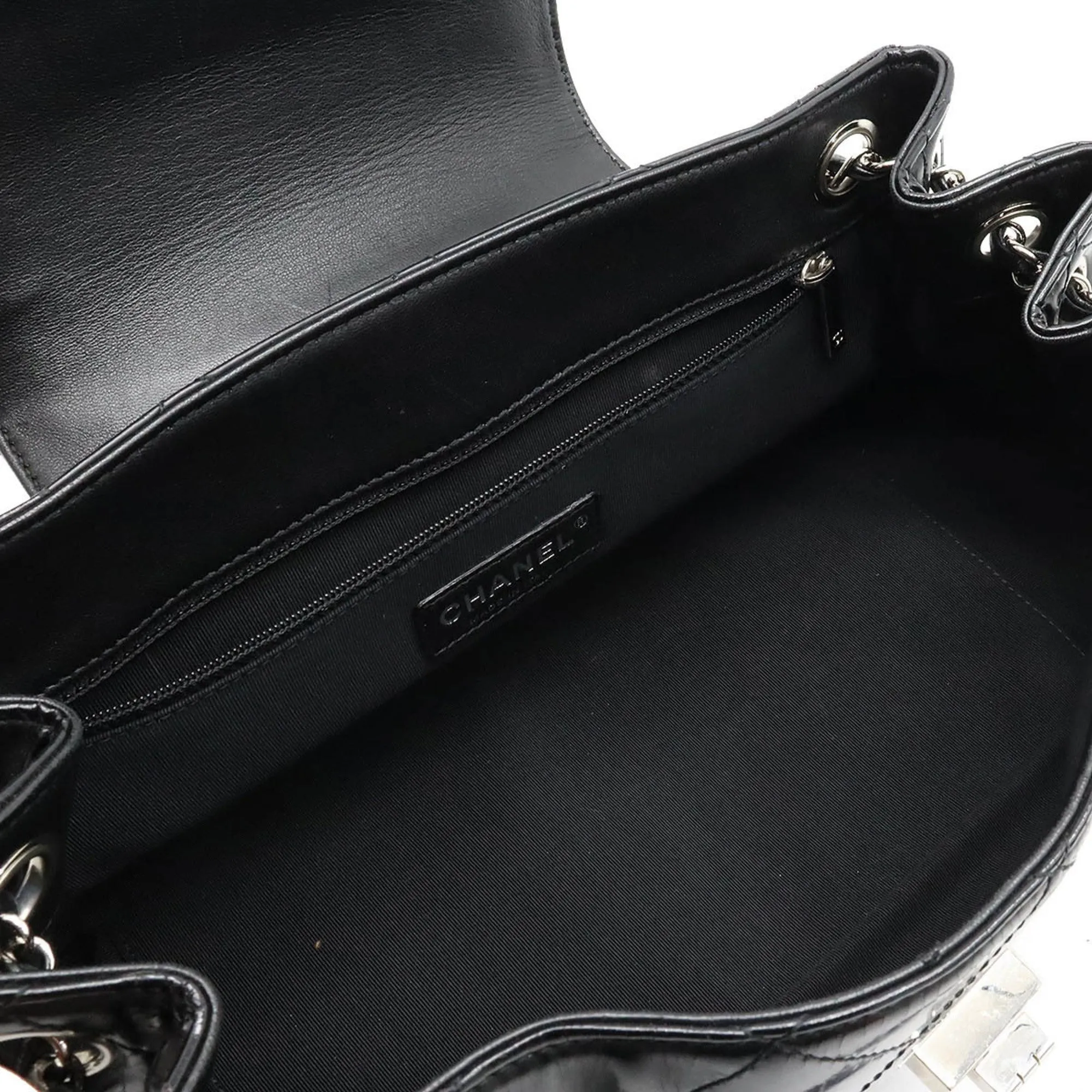 Chanel 2.55 Matelasse W Chain Bag Shoulder Patent Leather Black