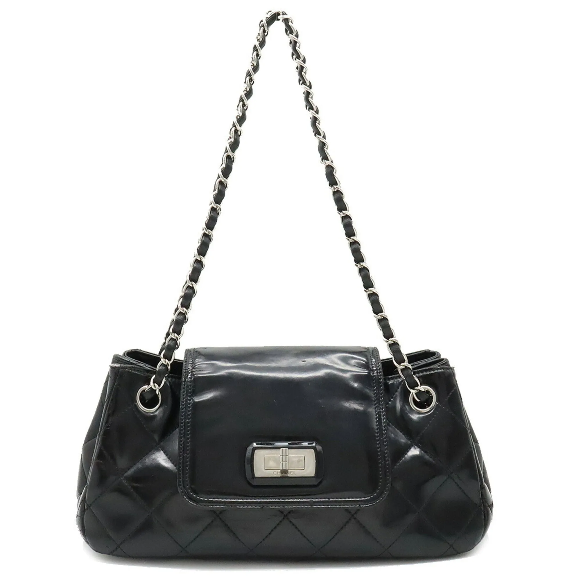 Chanel 2.55 Matelasse W Chain Bag Shoulder Patent Leather Black