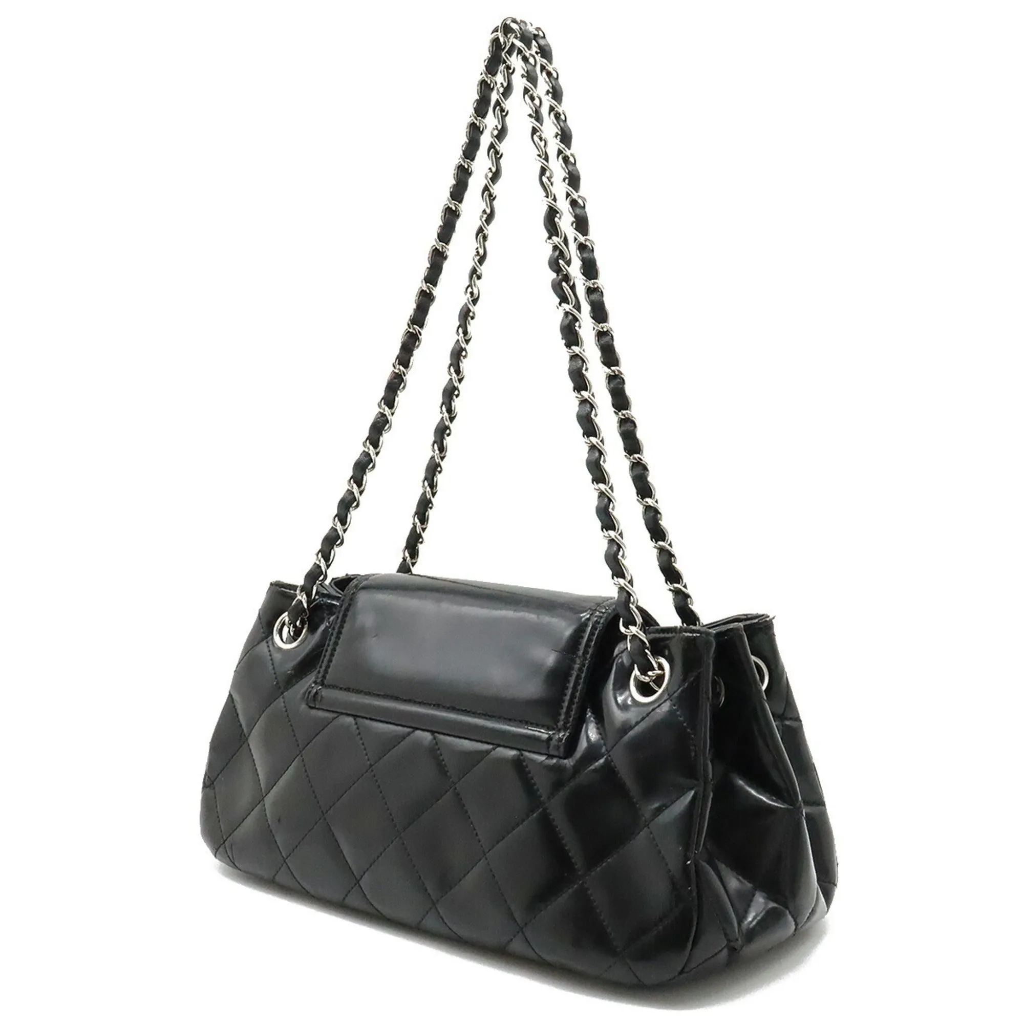 Chanel 2.55 Matelasse W Chain Bag Shoulder Patent Leather Black