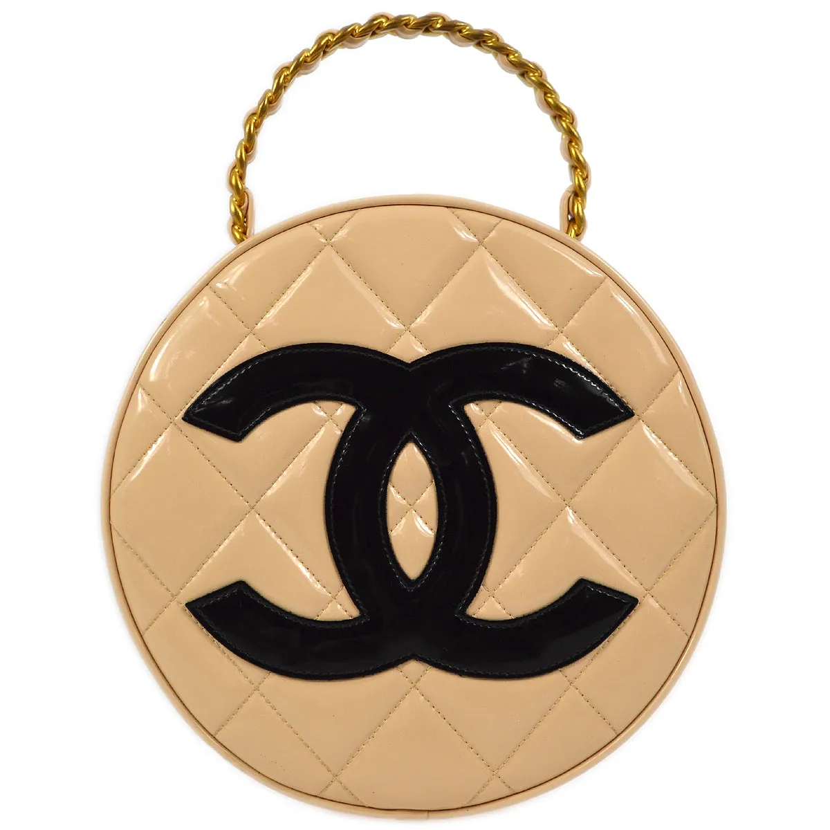 Chanel Beige Patent Leather Round Vanity Handbag