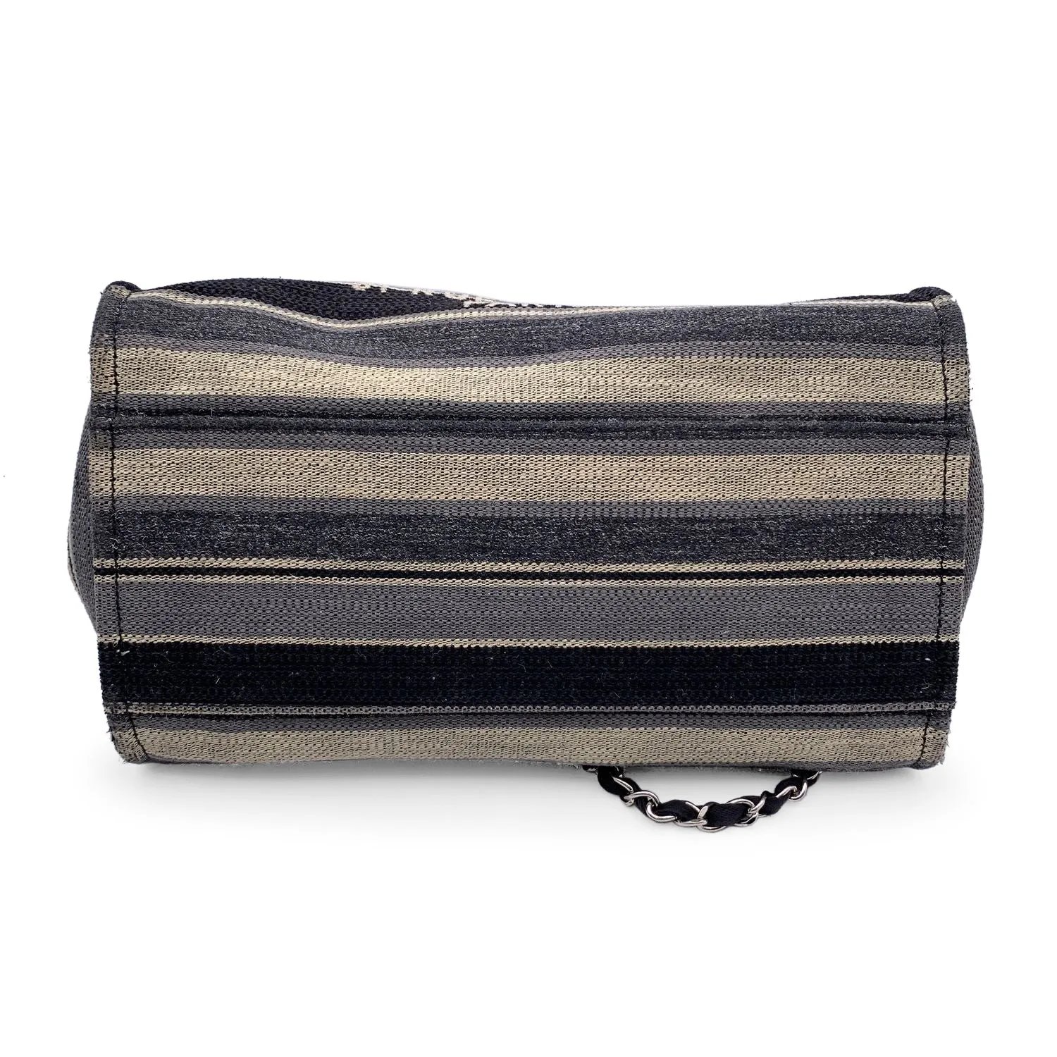 CHANEL Black Grey Striped Canvas Medium Deauville Tote Bag