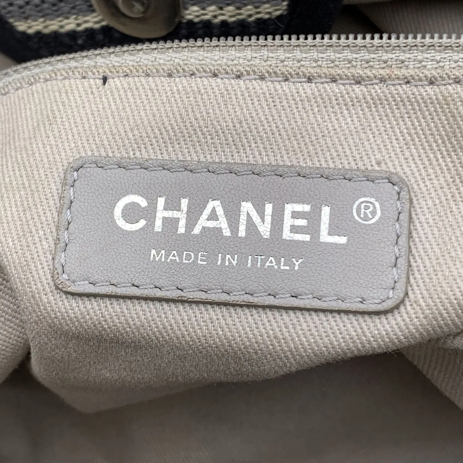 CHANEL Black Grey Striped Canvas Medium Deauville Tote Bag