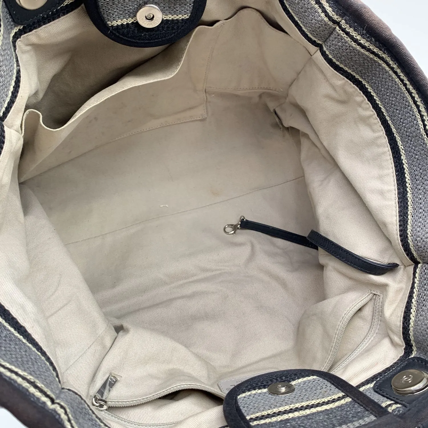 CHANEL Black Grey Striped Canvas Medium Deauville Tote Bag