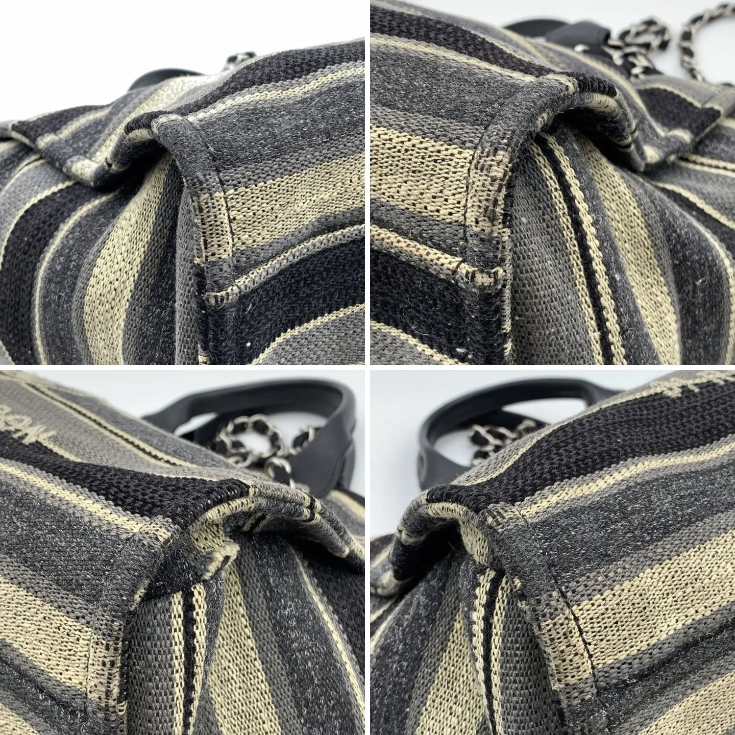 CHANEL Black Grey Striped Canvas Medium Deauville Tote Bag