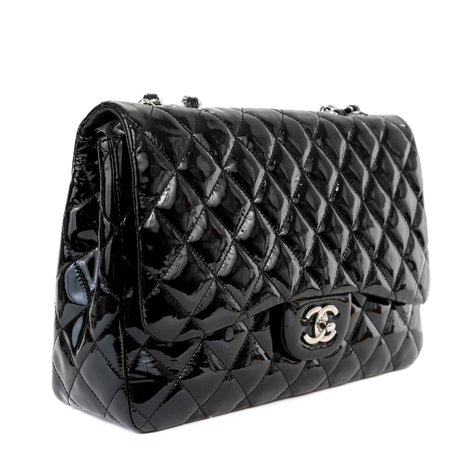 Chanel  Black Patent Leather Jumbo Classic with Silver Hardware