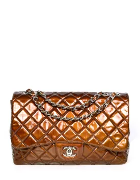 Chanel Bronze Patent Leather Quilted Single Flap Jumbo Classic Bag