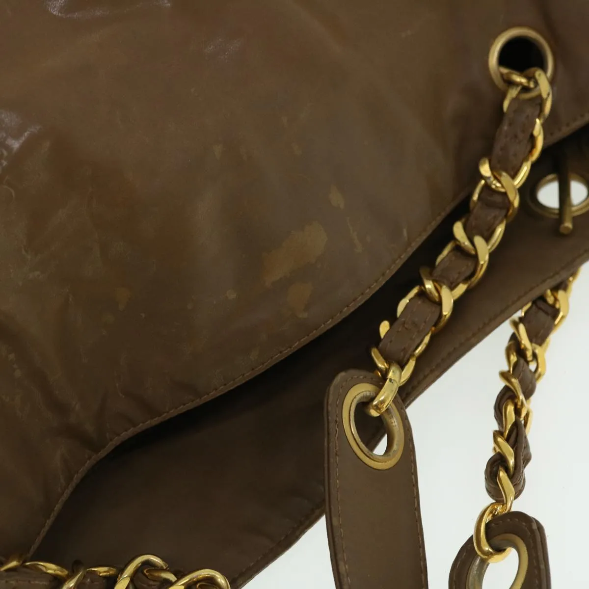CHANEL Chain Shoulder Bag Patent leather Brown CC Auth bs7578