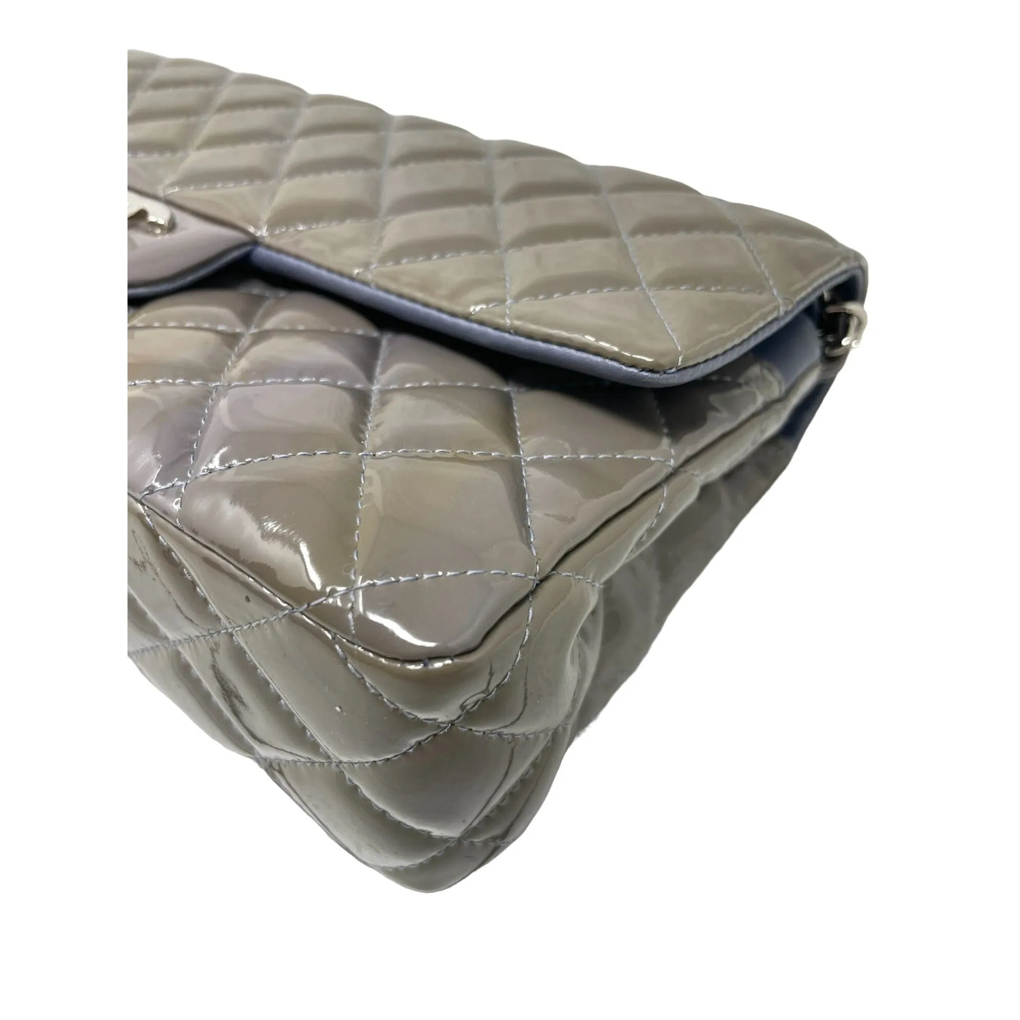 CHANEL Chanel Classic Patent Medium Double Flap Bag - Grey