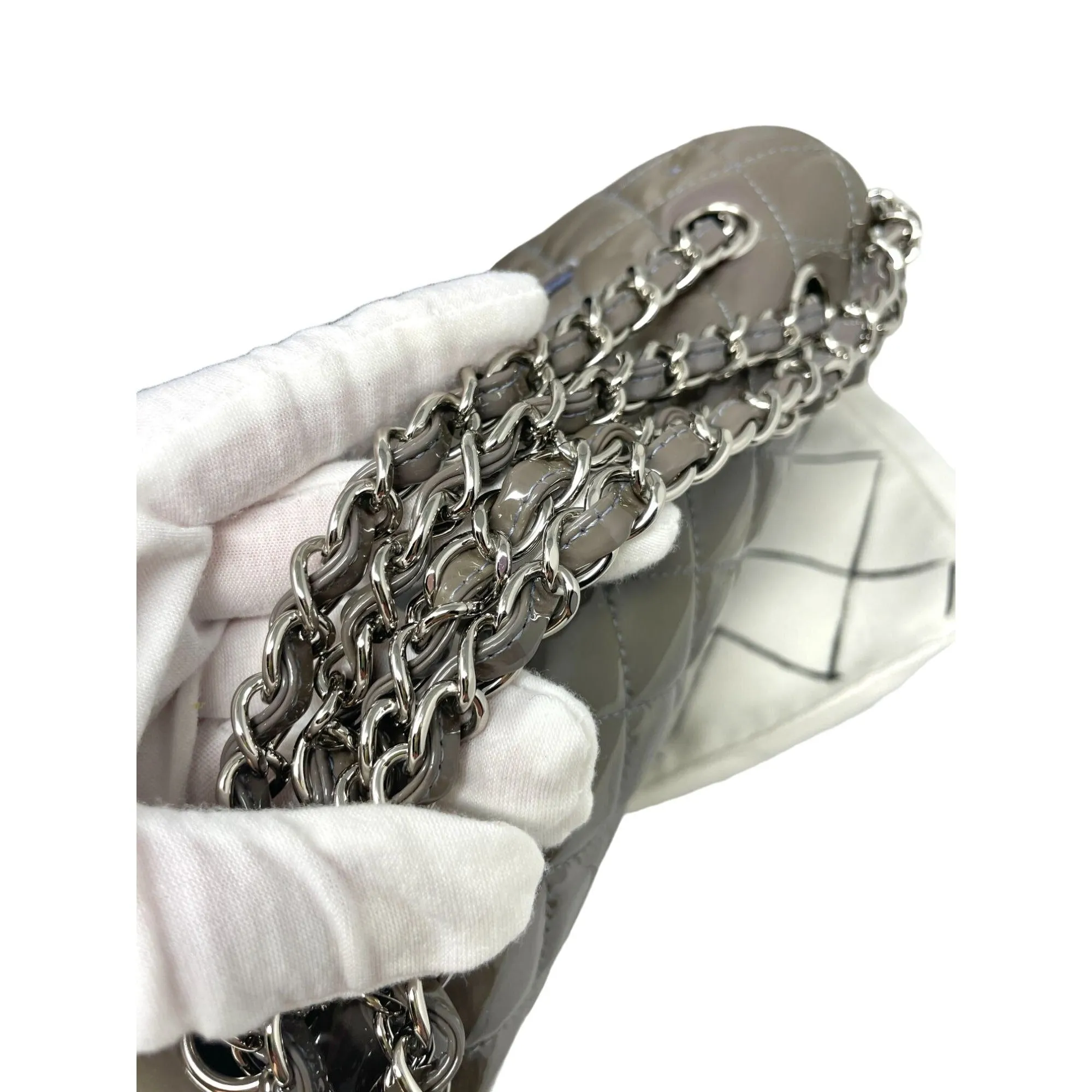 CHANEL Chanel Classic Patent Medium Double Flap Bag - Grey