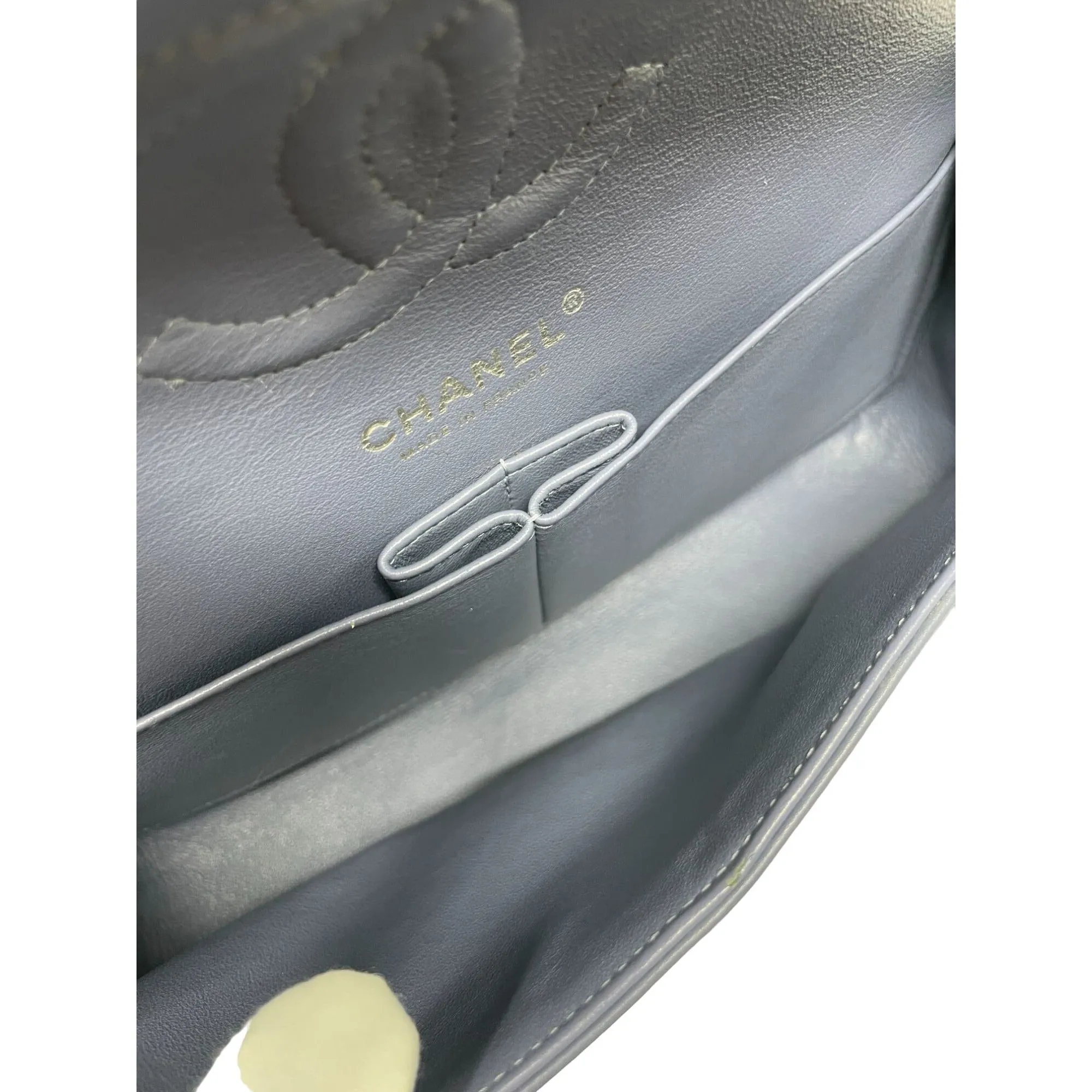 CHANEL Chanel Classic Patent Medium Double Flap Bag - Grey