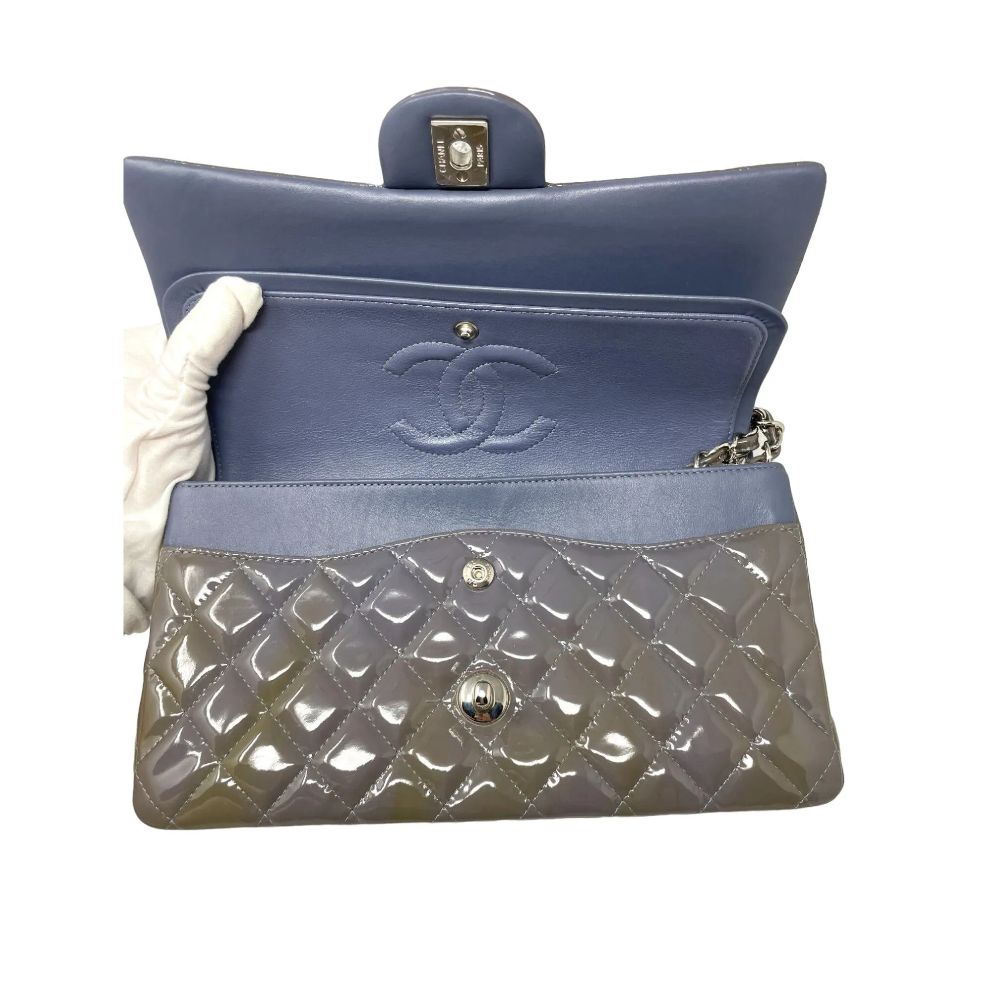 CHANEL Chanel Classic Patent Medium Double Flap Bag - Grey