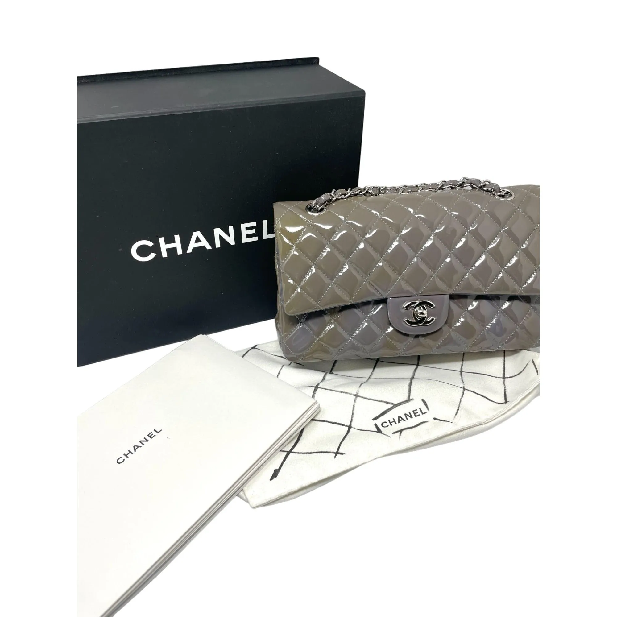 CHANEL Chanel Classic Patent Medium Double Flap Bag - Grey