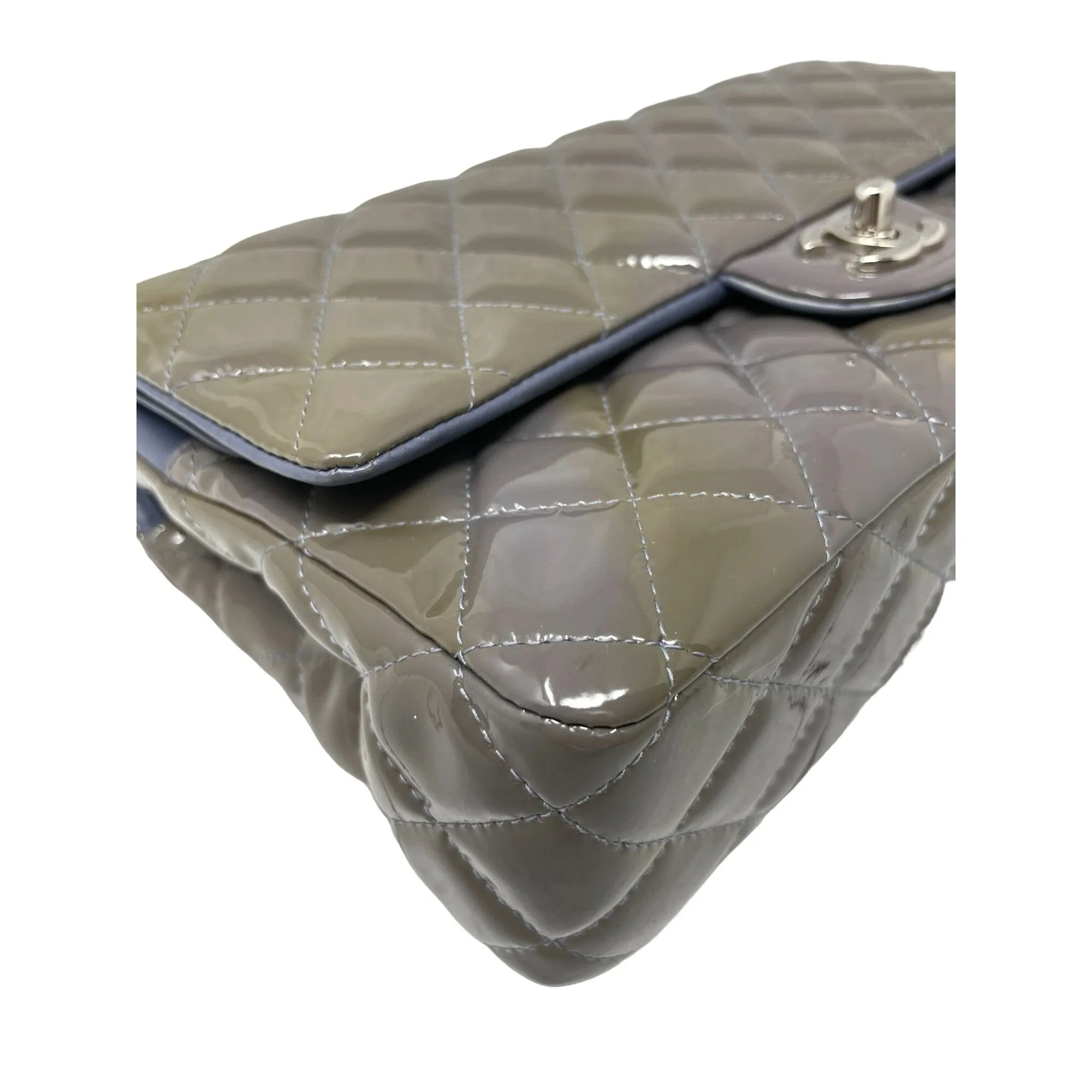 CHANEL Chanel Classic Patent Medium Double Flap Bag - Grey