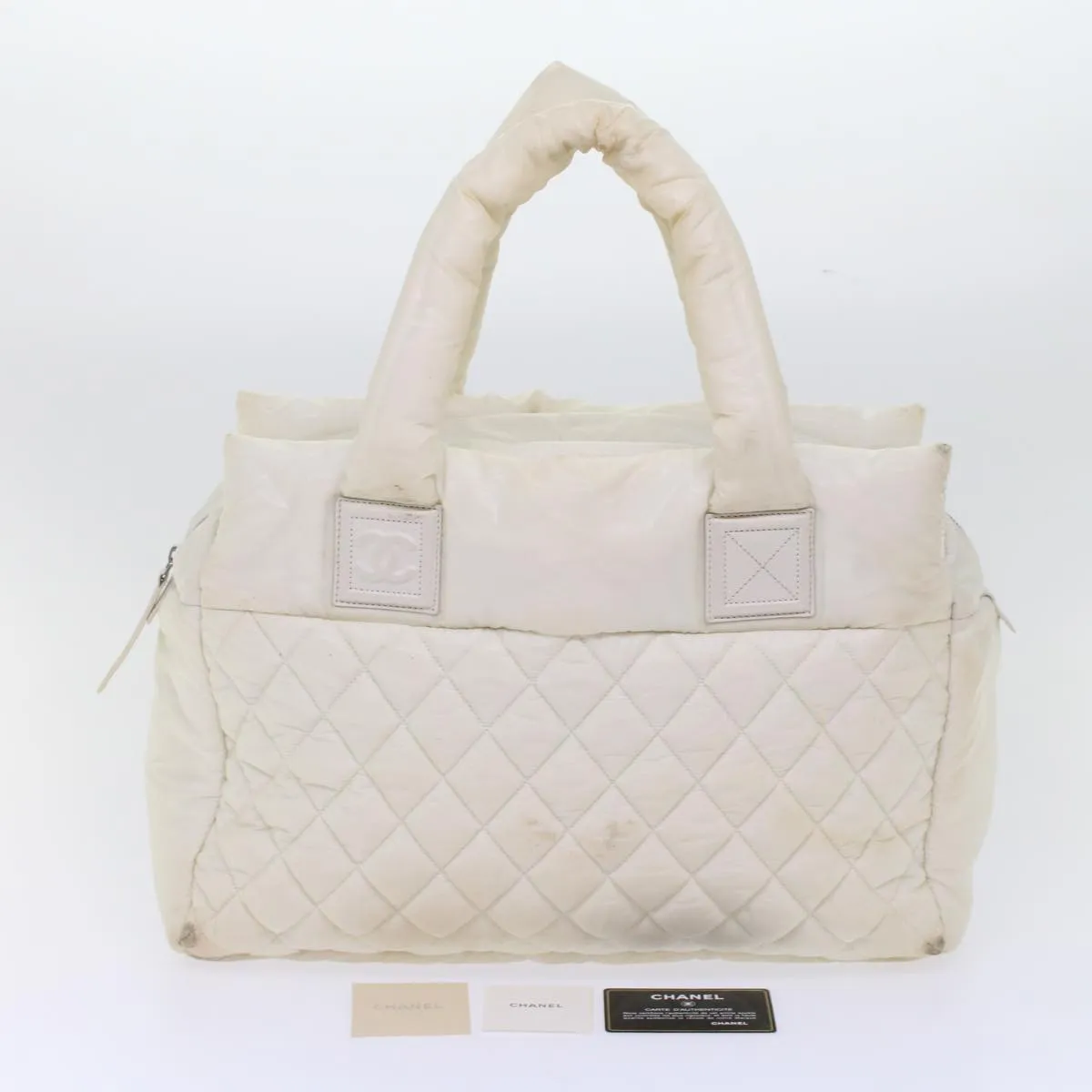 Chanel Coco Cocoon Hand Bag Patent Leather White CC Auth bs6942