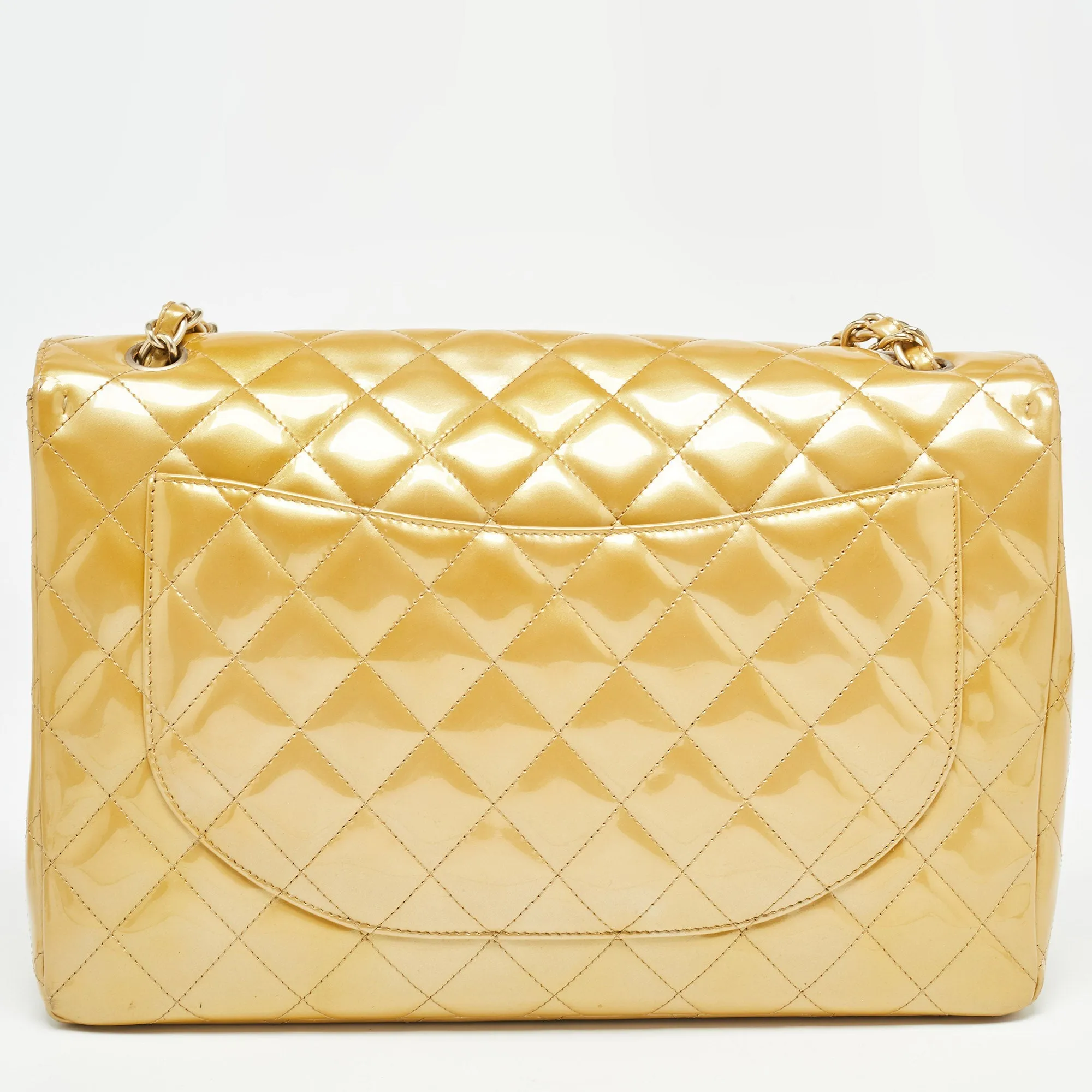 CHANEL Gold Quilted Patent Leather Maxi Classic Single New Bag