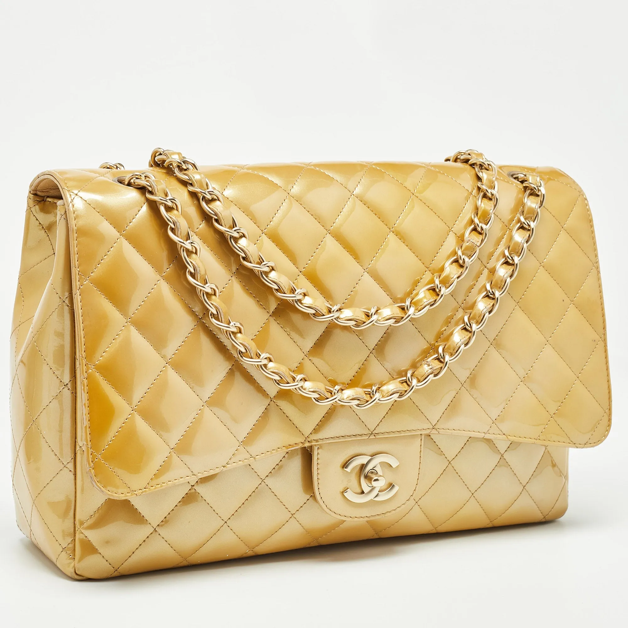 CHANEL Gold Quilted Patent Leather Maxi Classic Single New Bag