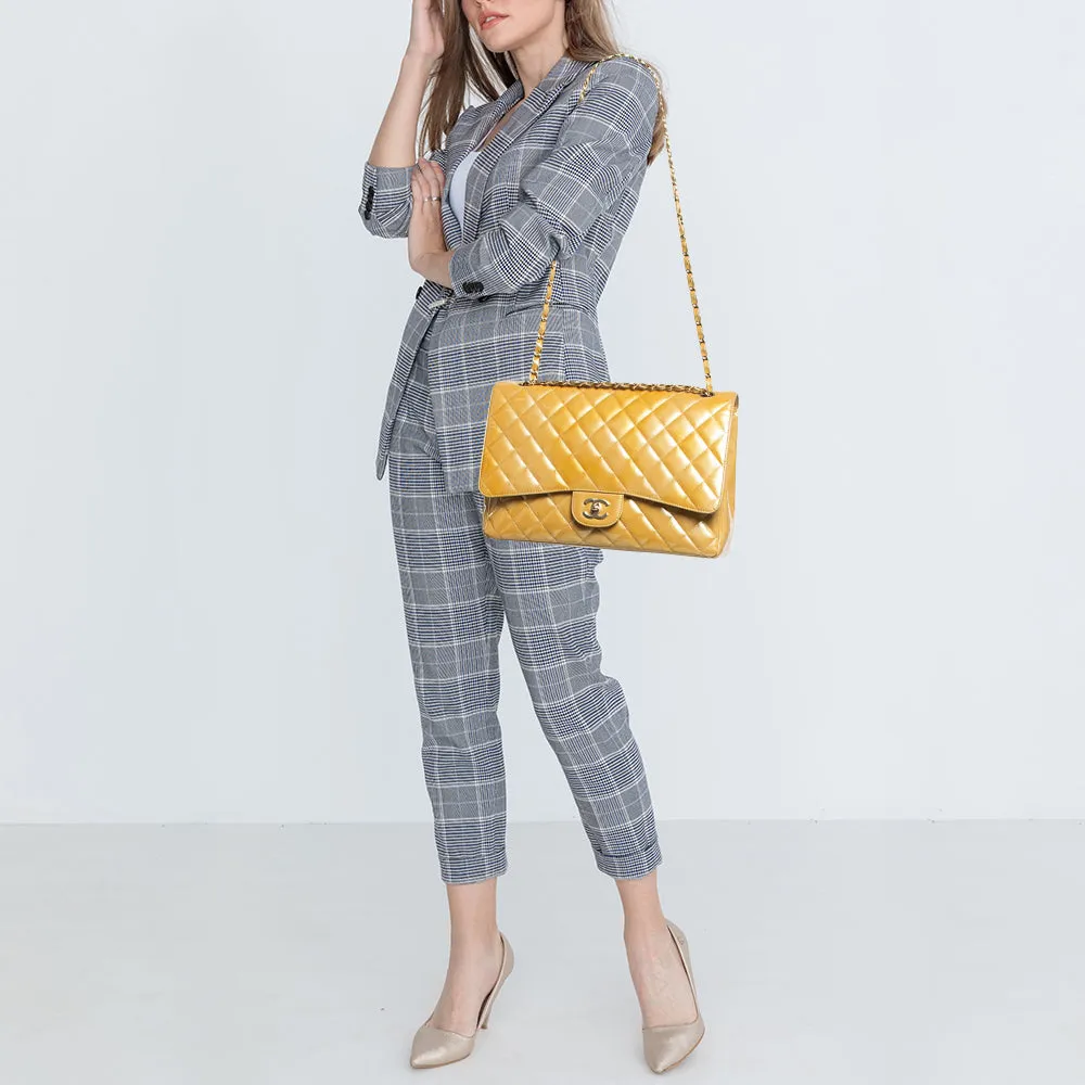 CHANEL Gold Quilted Patent Leather Maxi Classic Single New Bag